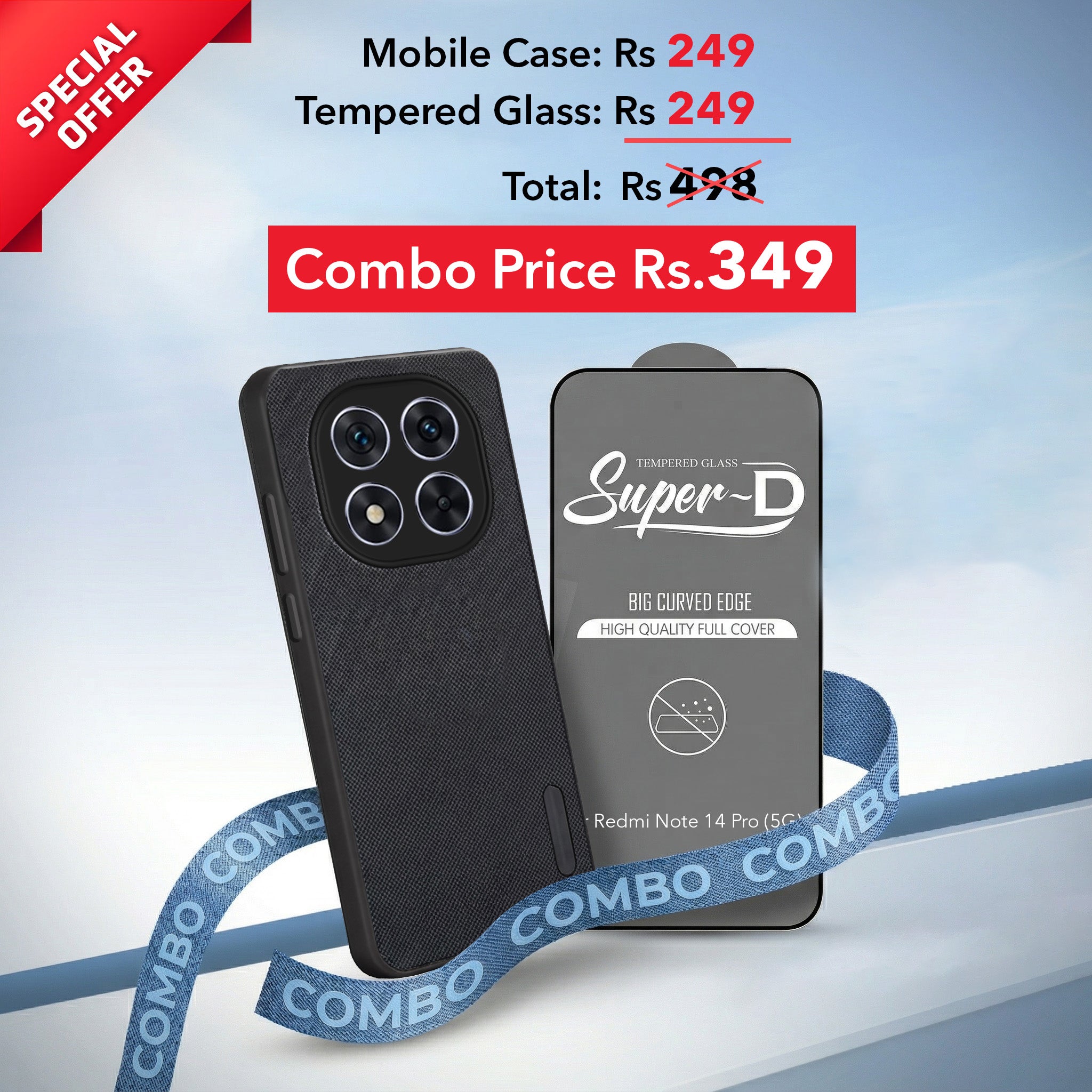For Redmi Note 14 Pro Combo with Back Cover and 9H Tempered Glass (Textured Grip Design | Micro-Fiber Cloth Inside | Oleophobic Coating Screen Glass)