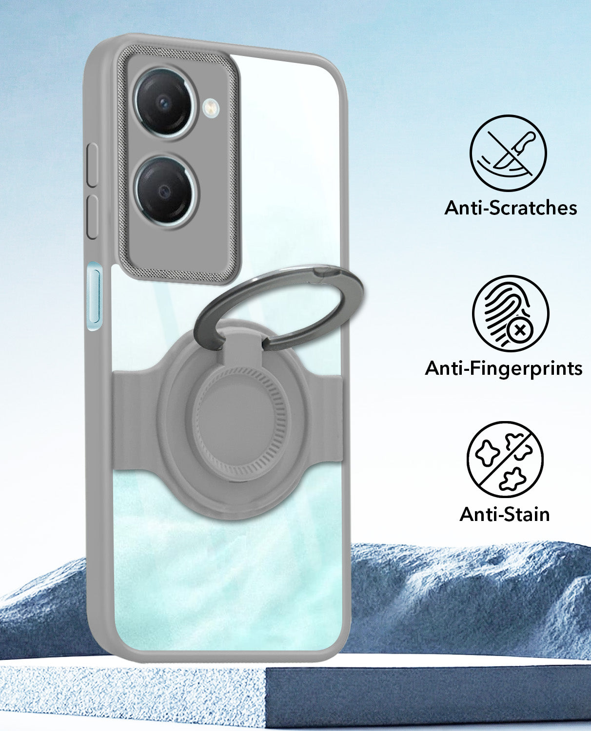 For Vivo iQOO Z9 Lite Back Cover Case with stand (Built-in Ring Holder Kickstand | Lifetime Anti Yellow | Camera Protection)