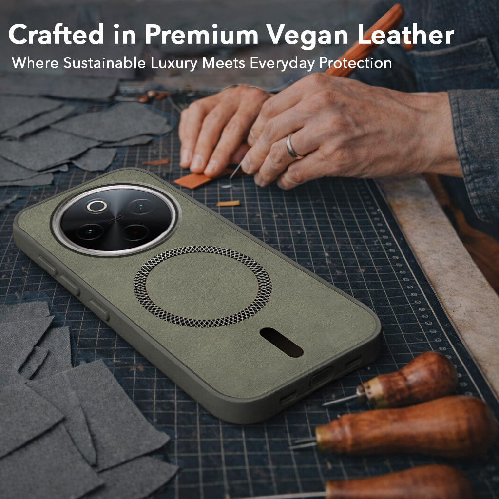 For Vivo T4 Back Cover Case Leather Finish (MagSafe Compatible Wireless Charging | Soft Touch | Camera Bump Protection)