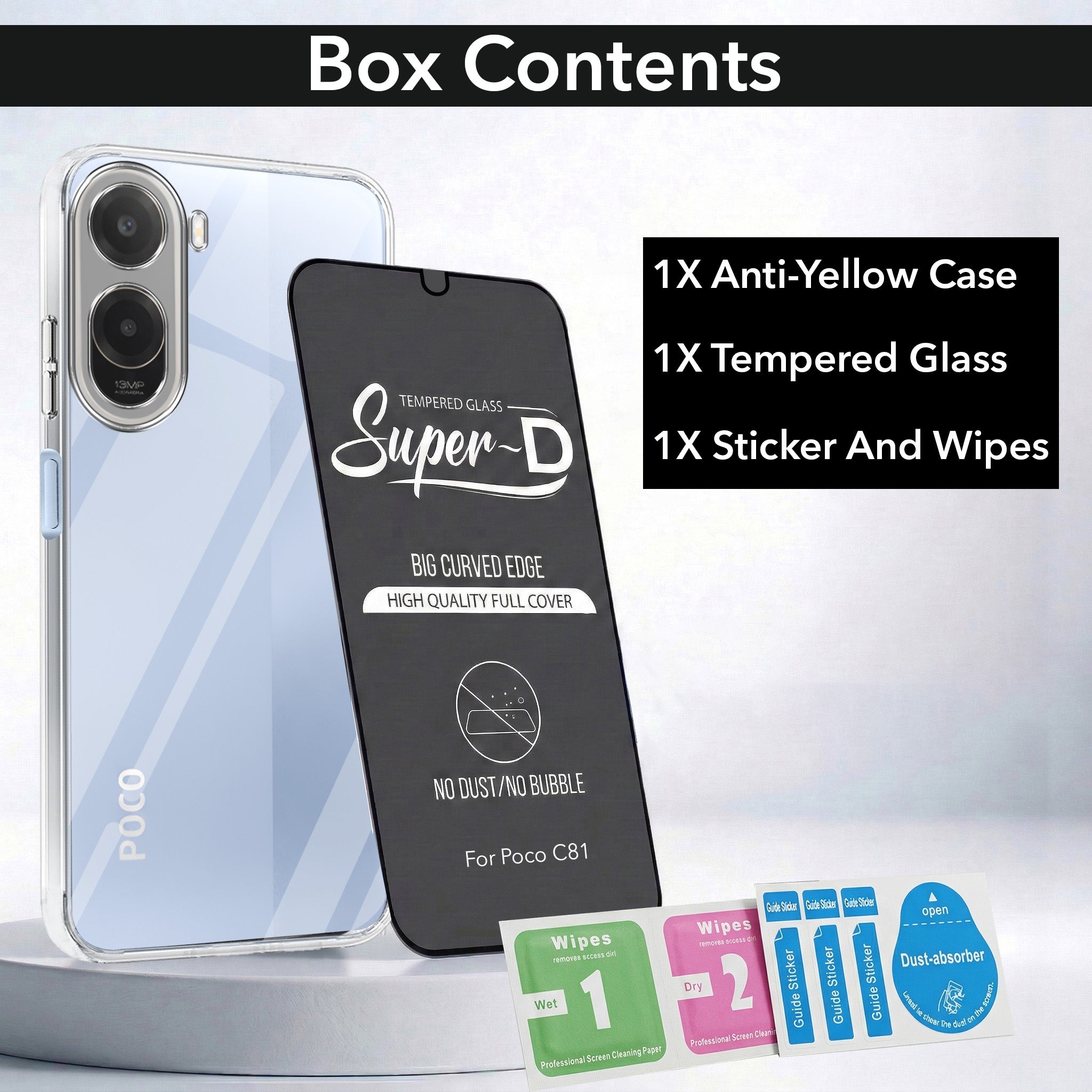 For Poco C81 5G Combo with Back Cover and 9H Tempered Glass (Lifetime Anti-Yellow | Sleek Hard Crystal | Oleophobic Coating Screen Glass)