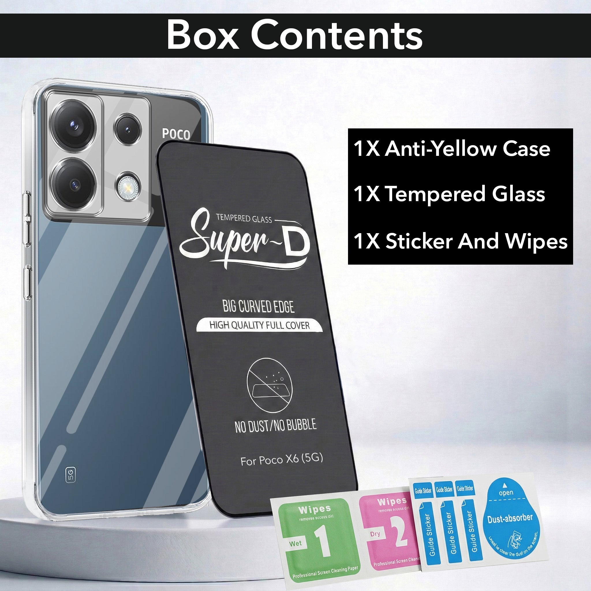 For Poco X6 5G Combo with Back Cover and 9H Tempered Glass (Lifetime Anti-Yellow | Sleek Hard Crystal | Oleophobic Coating Screen Glass)