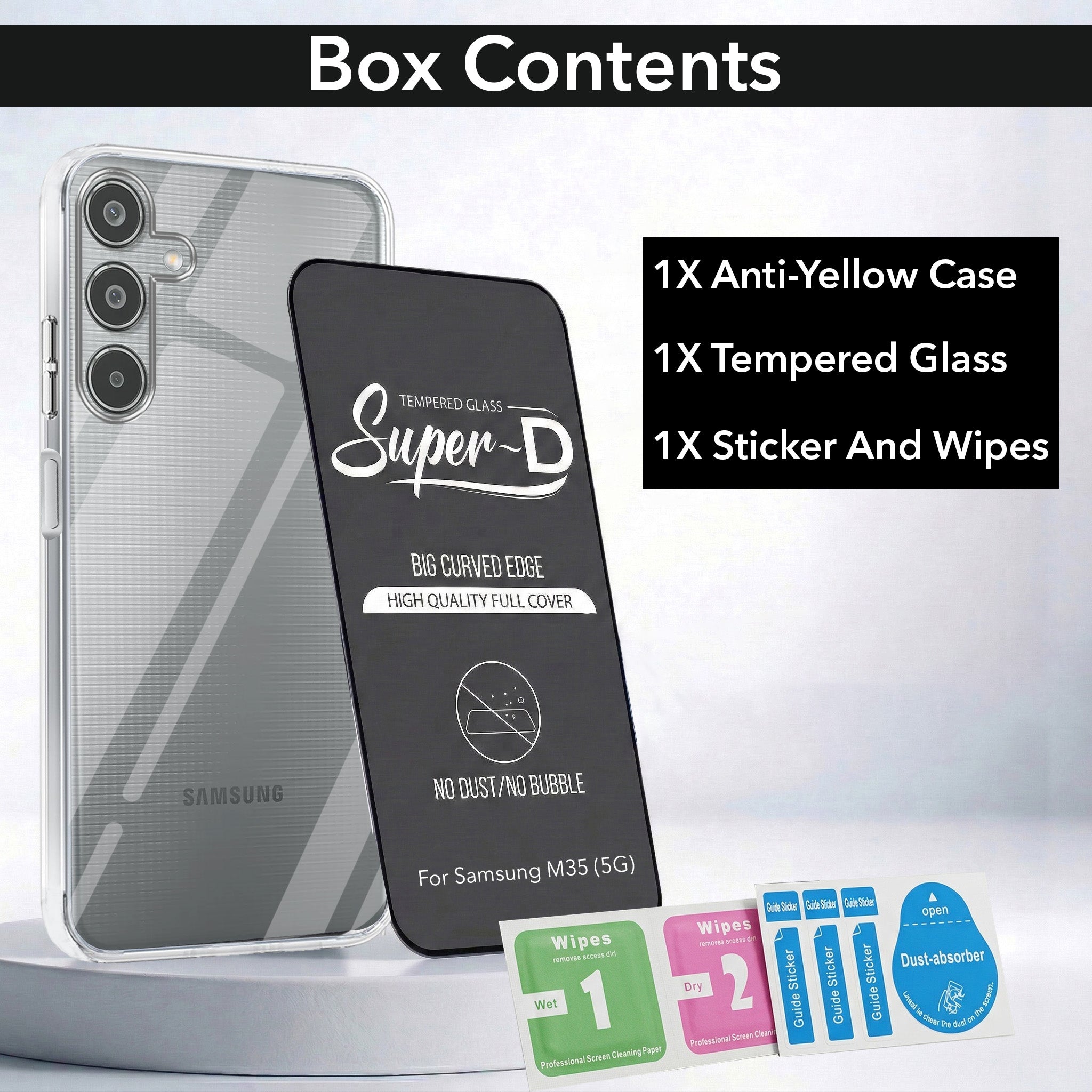 For Samsung Galaxy M35 5G Combo with Back Cover and 9H Tempered Glass (Lifetime Anti-Yellow | Sleek Hard Crystal | Oleophobic Coating Screen Glass)