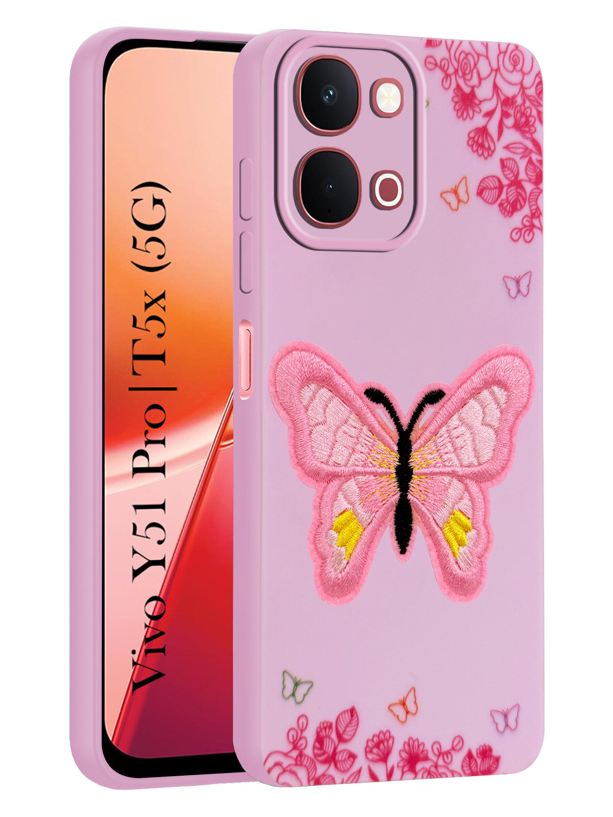 For Vivo Y51 Pro 5G | Vivo T5x Back Cover Case (Soft Butterfly Embroidery | Women Teen Girls | Camera Protection| Matte Silicone)