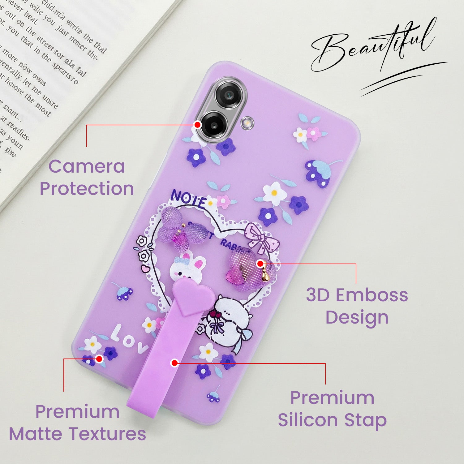For Samsung Galaxy M17e Back Cover Case (3D Cute Heart Strap Holder | Camera Protection | Designer Girls Print)