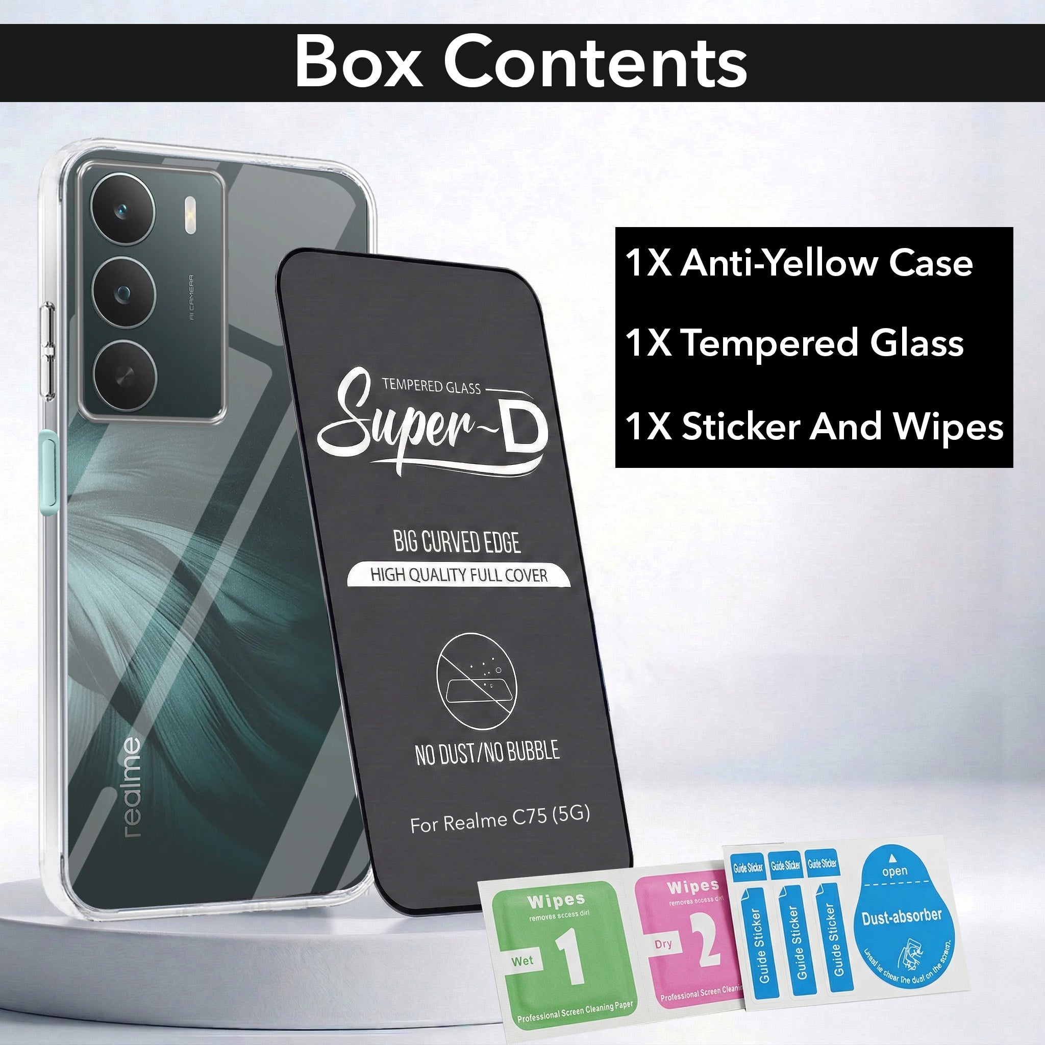 For Realme C75 5G Combo with Back Cover and 9H Tempered Glass (Lifetime Anti-Yellow | Sleek Hard Crystal | Oleophobic Coating Screen Glass)