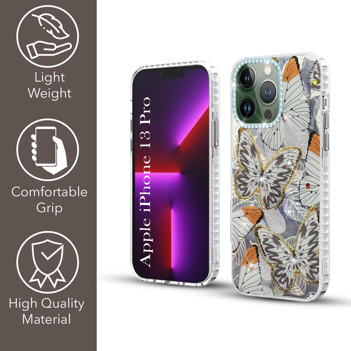 For Apple iPhone 13 Pro Back Cover Case (Luxury Floral Glitter Cute Butterfly | Diamond Studded Camera Bump | Girls & Women Design)