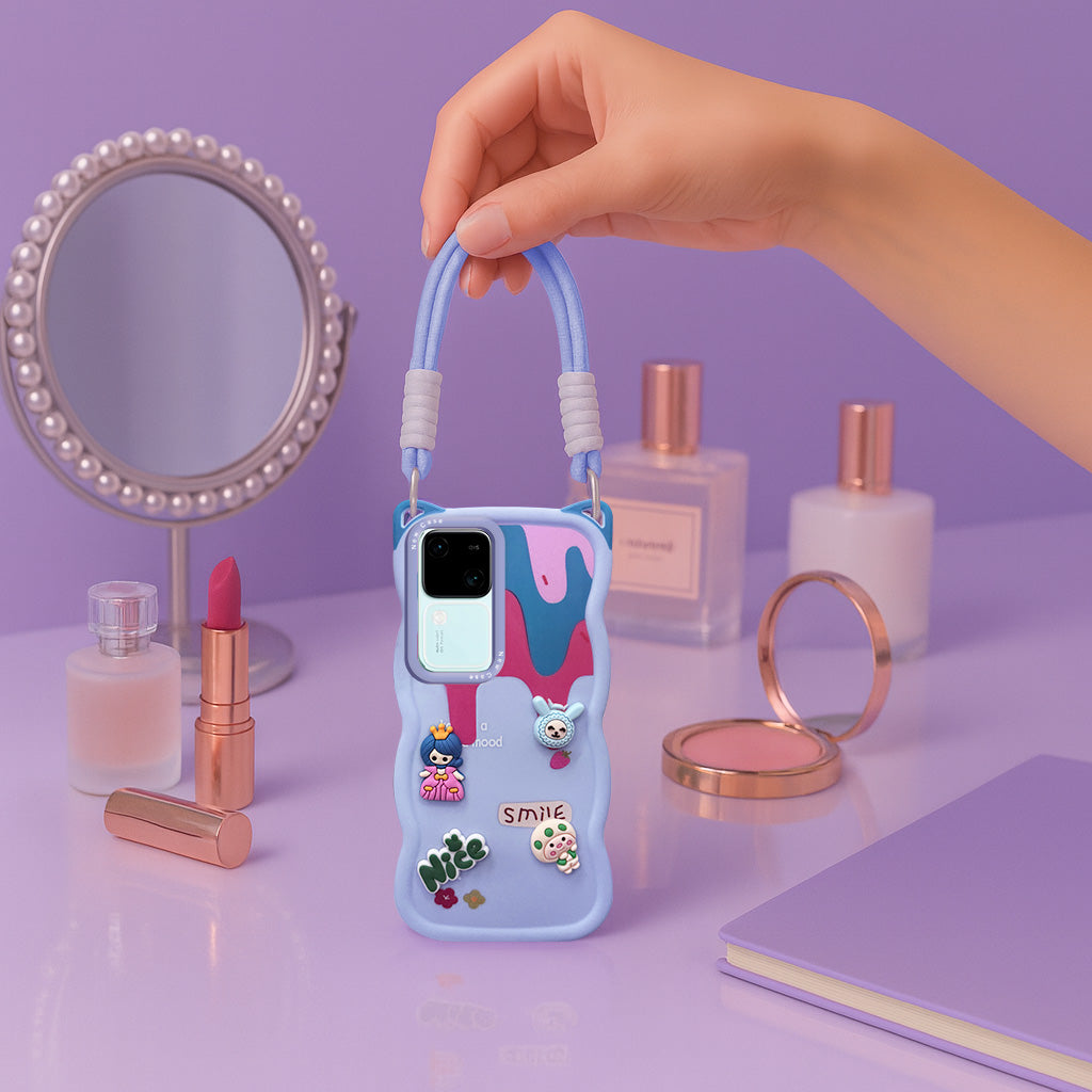 For Vivo V30 | Vivo V30 Pro 5G Back Case Cover Strap(3D embossed Figures | Strap Holder | 360* Soft Cushion with Camera Bump)