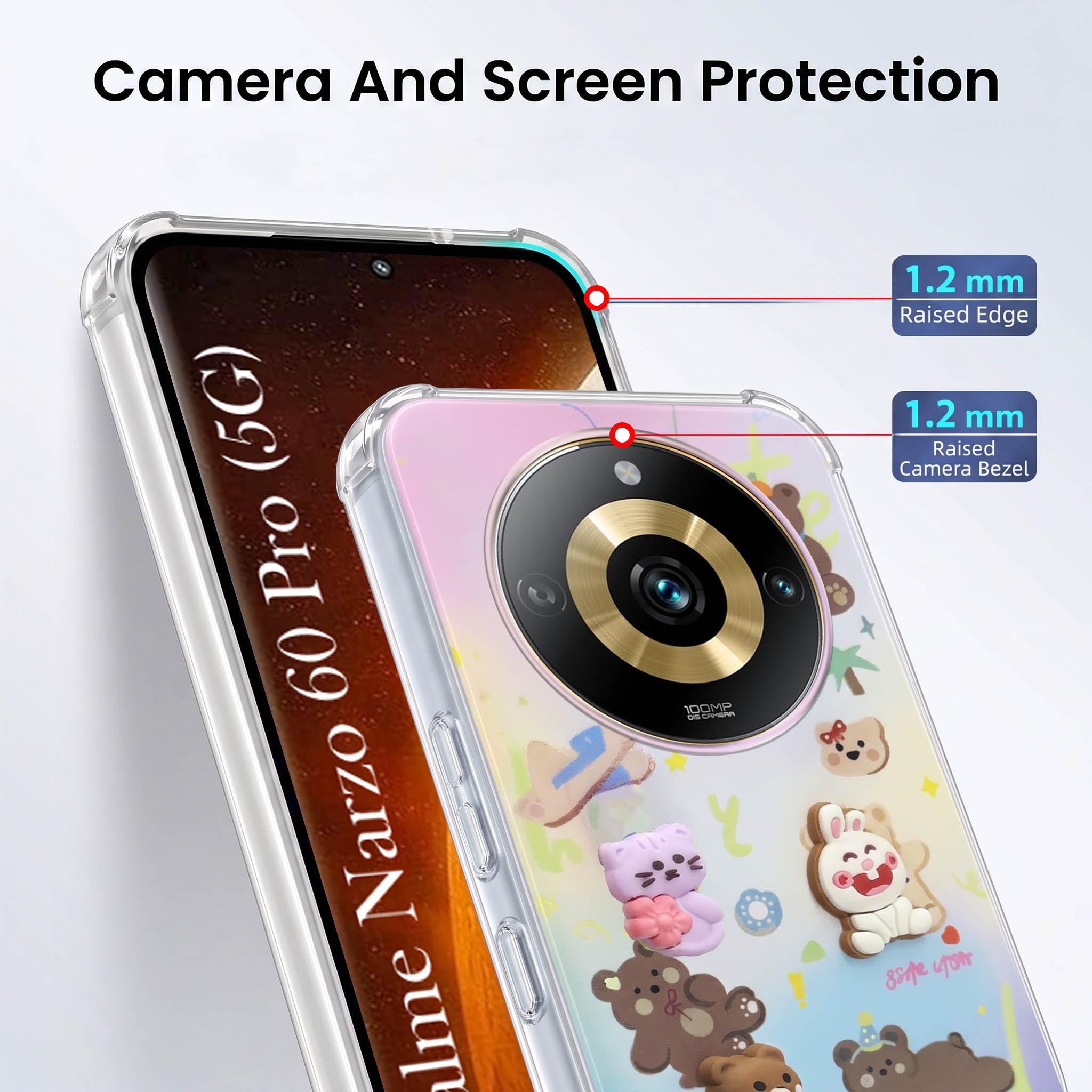 For Realme Narzo 60 Pro Back Cover Case (3D Cute Cartoons | Hard Back Side Soft | Matte Premium Finish | HD Printing)