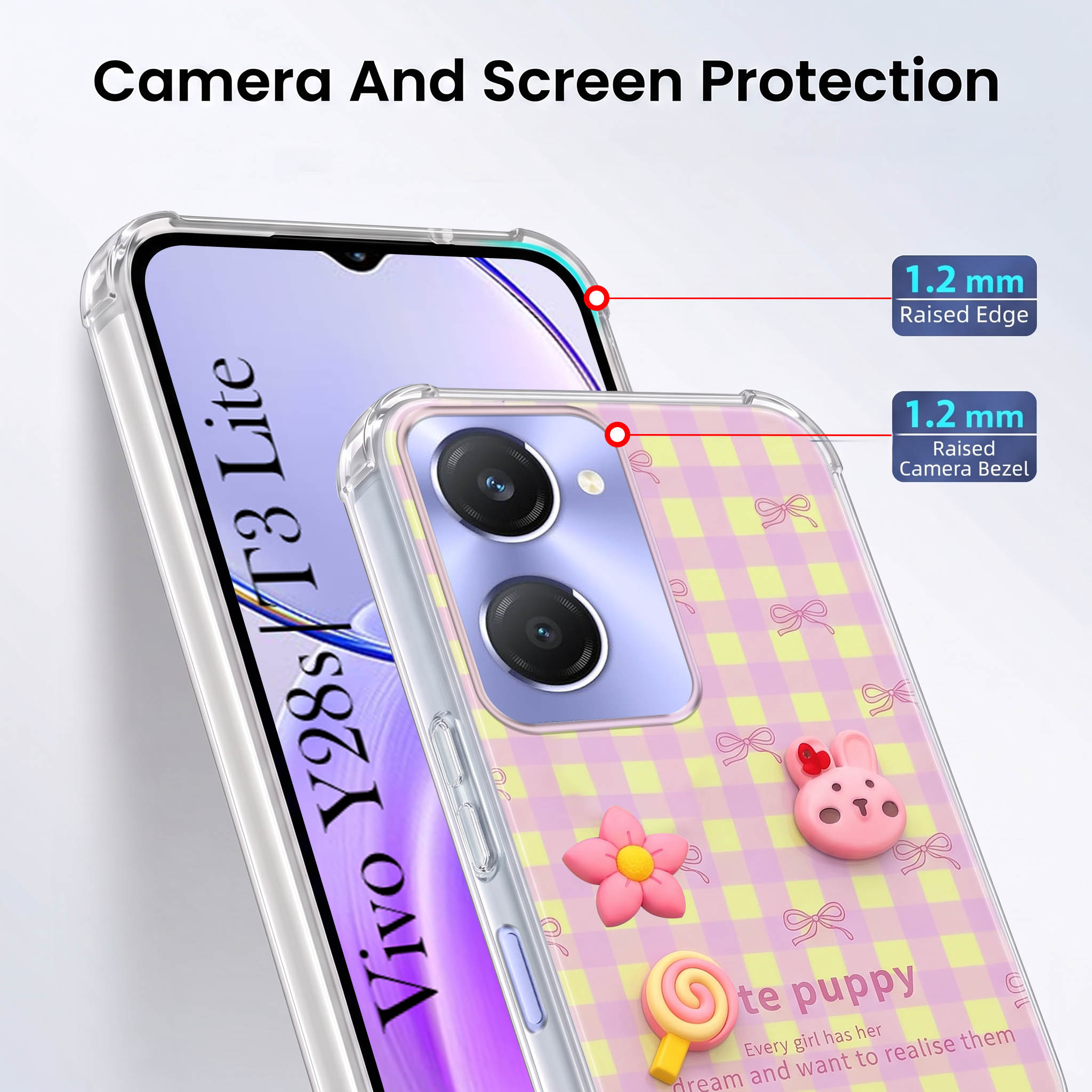 For Vivo Y28s 5G | Vivo T3 Lite 5G Back Cover Case (3D Cute Cartoons | Hard Back Side Soft | Matte Premium Finish | HD Printing)