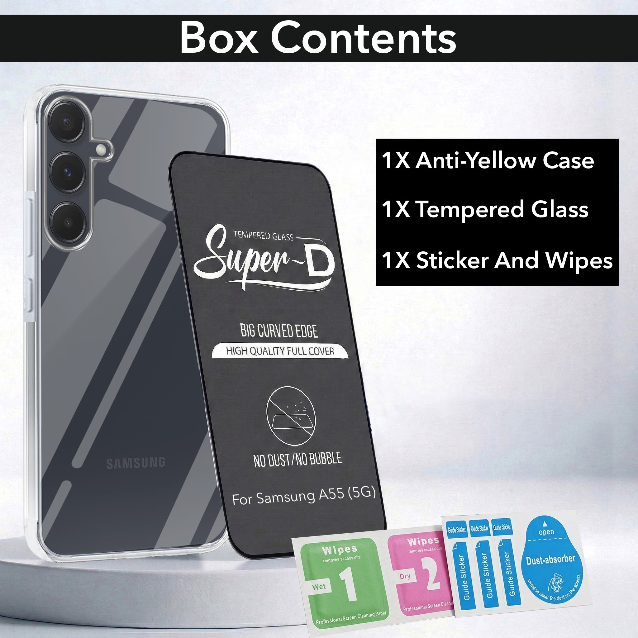 For Samsung Galaxy A55 5G Combo with Back Cover and 9H Tempered Glass (Lifetime Anti-Yellow | Sleek Hard Crystal | Oleophobic Coating Screen Glass)