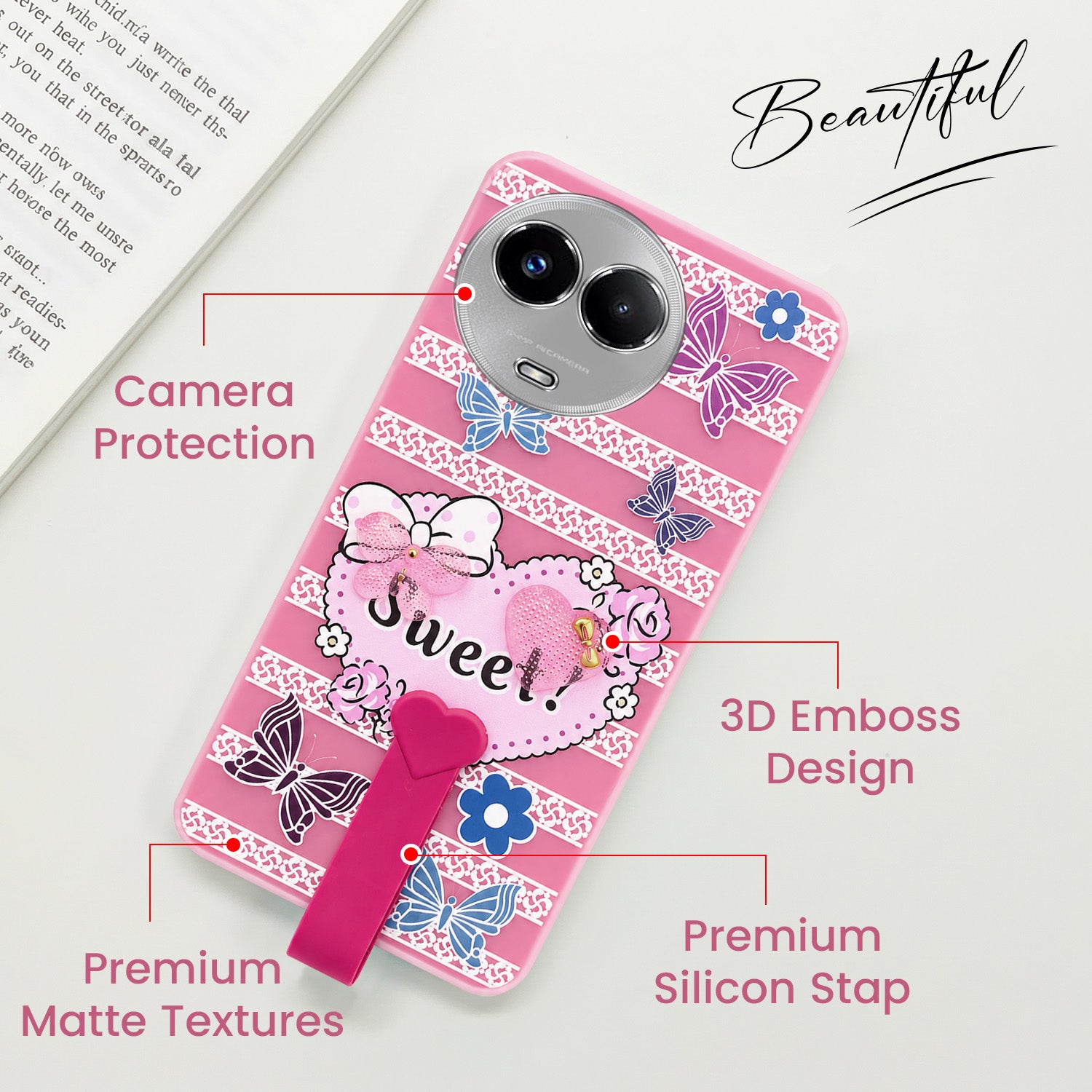 For Realme 11 5G | Realme 11x 5G Back Cover Case (3D Cute Heart Strap Holder | Camera Protection | Designer Girls Print)
