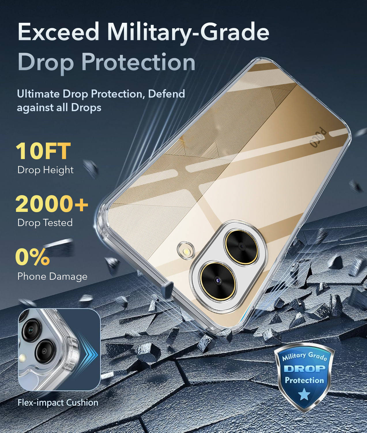 For Poco C71 Back Cover Case (Hybrid Crystal panel with Side Soft PU | Camera Protection | HD Clear Shockproof)