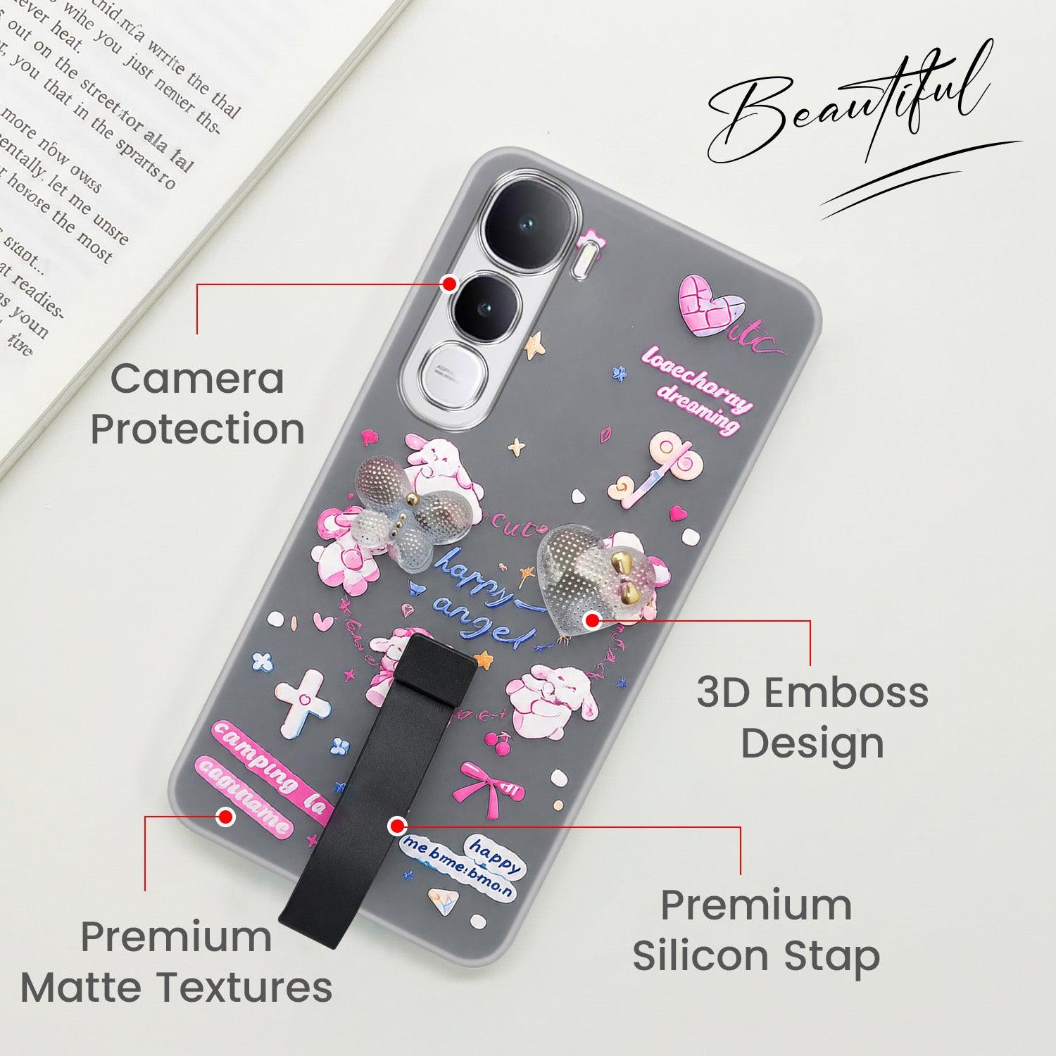 For Vivo Y400 Back Cover Case (3D Cute Heart Strap Holder | Camera Protection | Designer Girls Print)