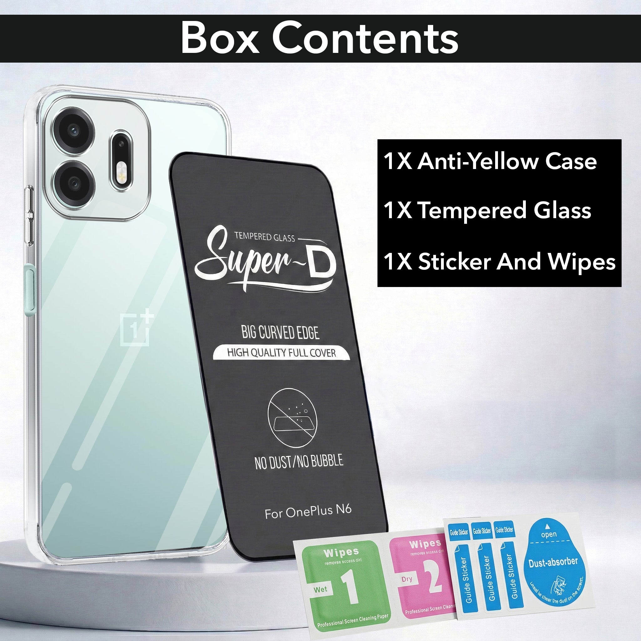 For OnePlus N6 Combo with Back Cover and 9H Tempered Glass (Lifetime Anti-Yellow | Sleek Hard Crystal | Oleophobic Coating Screen Glass)