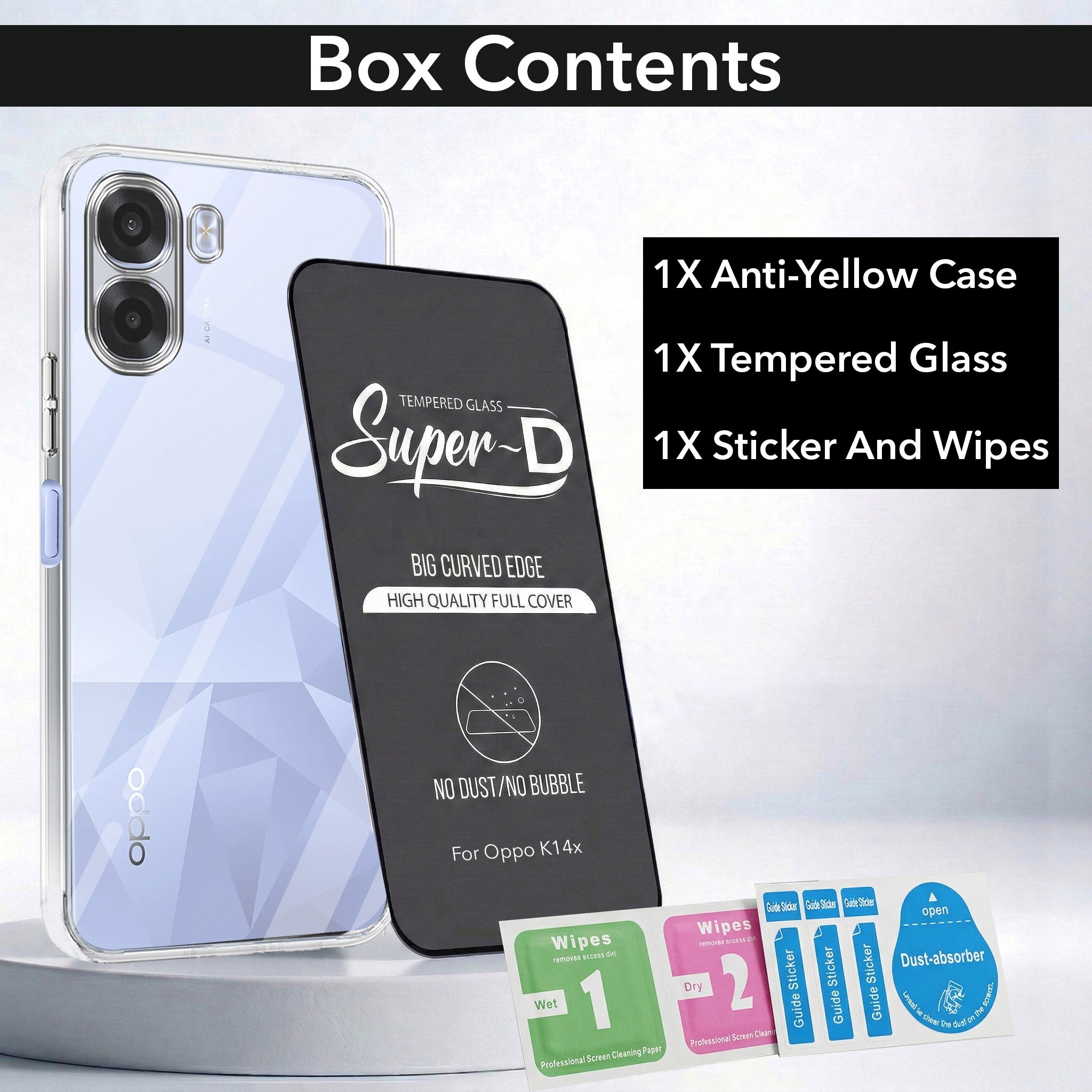 For Oppo K14x 5G Combo with Back Cover and 9H Tempered Glass (Lifetime Anti-Yellow | Sleek Hard Crystal | Oleophobic Coating Screen Glass)