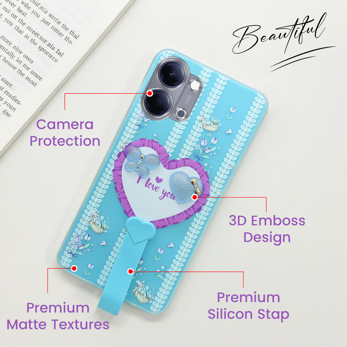 For Vivo Y05 (4G) | Vivo T5 Lite (5G) Back Cover Case (3D Cute Heart Strap Holder | Camera Protection | Designer Girls Print)