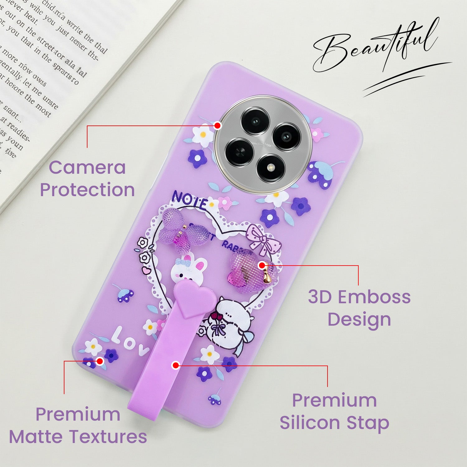 For Realme Narzo N65 5G Back Cover Case (3D Cute Heart Strap Holder | Camera Protection | Designer Girls Print)