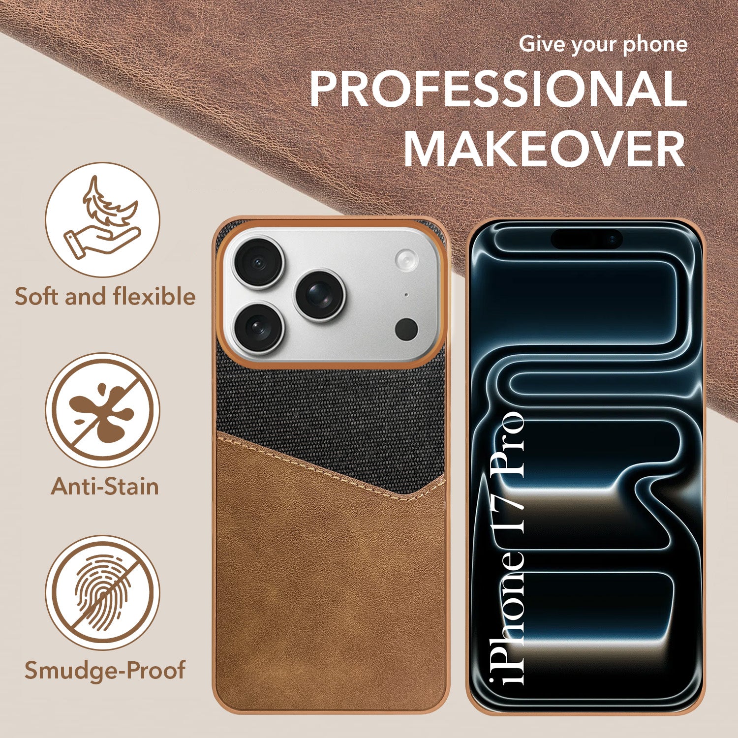 For Apple iPhone 17 Pro Back Cover Case (Dual PU Leather Stitch | Professional Minimalist | Soft and Flexible)