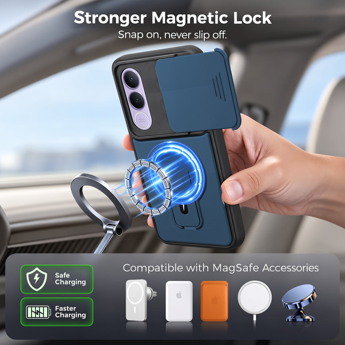 For Vivo V70 FE 5G Back Case Cover Metallic (Hybrid Armor Kickstand | Sliding Shutter Camera Protection | MagSafe Compatible)