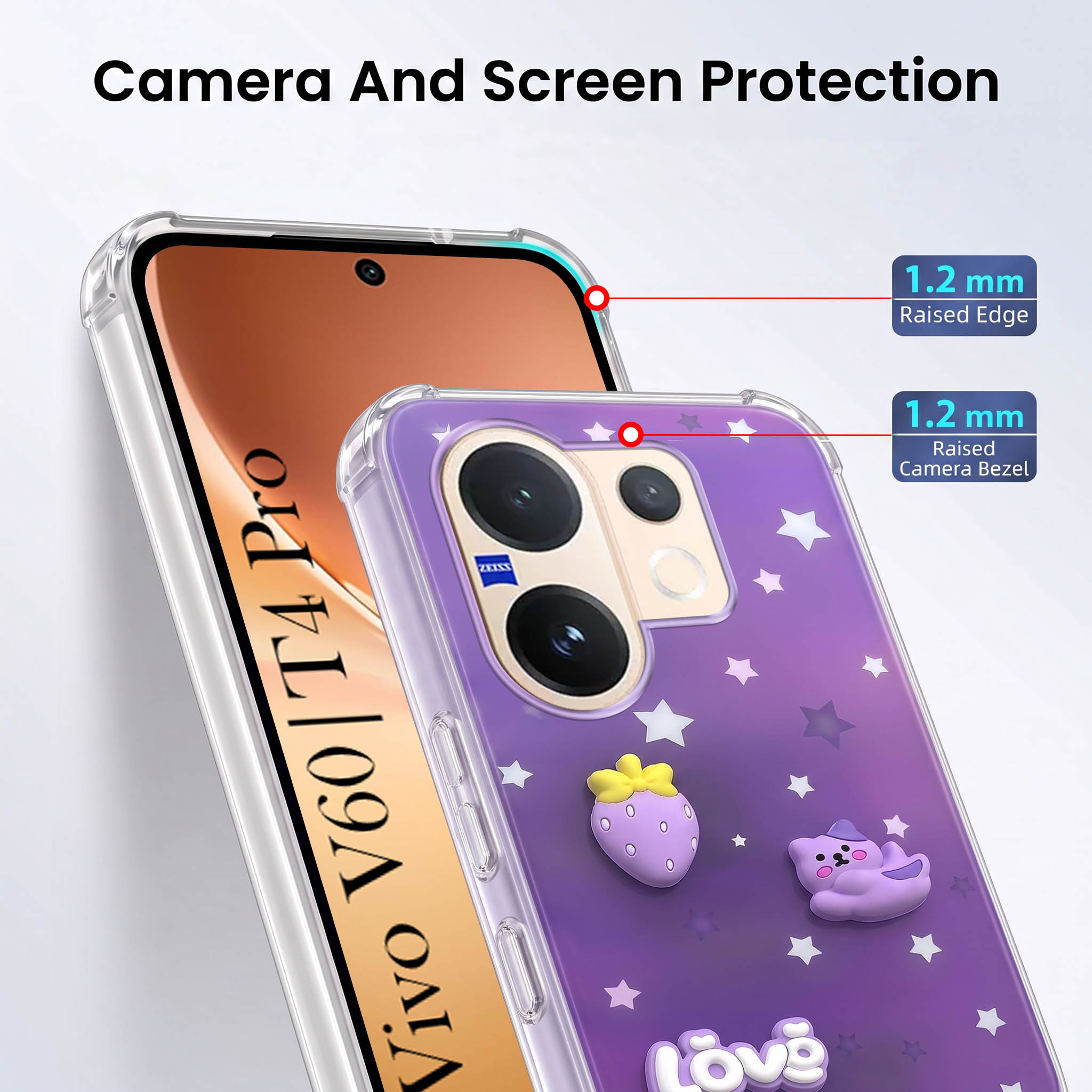 For Vivo V60 | Vivo T4 Pro Back Cover Case (3D Cute Cartoons | Hard Back Side Soft | Matte Premium Finish | HD Printing)