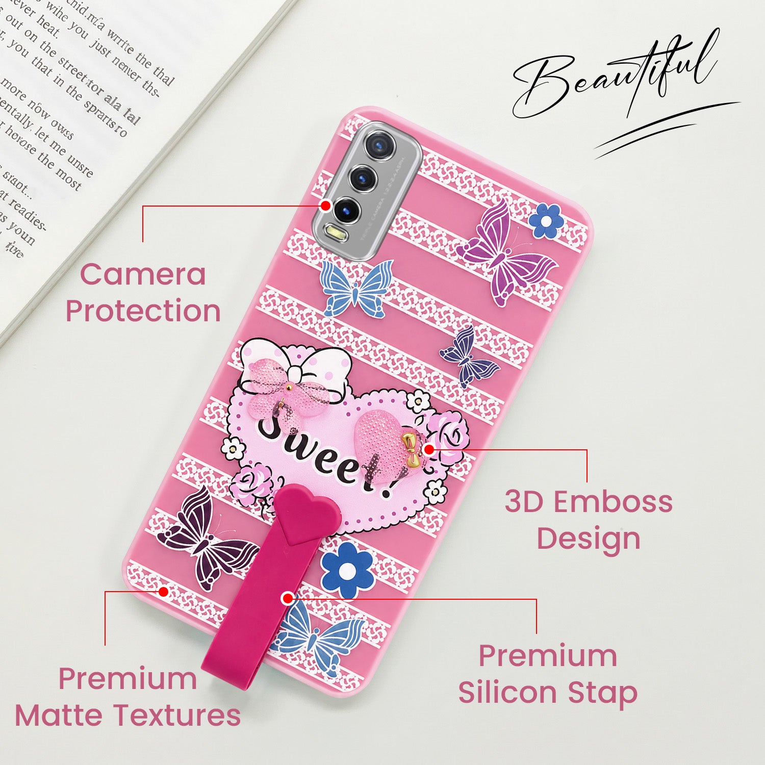 For Vivo Y20 | Y20i  Back Cover Case (3D Cute Heart Strap Holder | Camera Protection | Designer Girls Print)