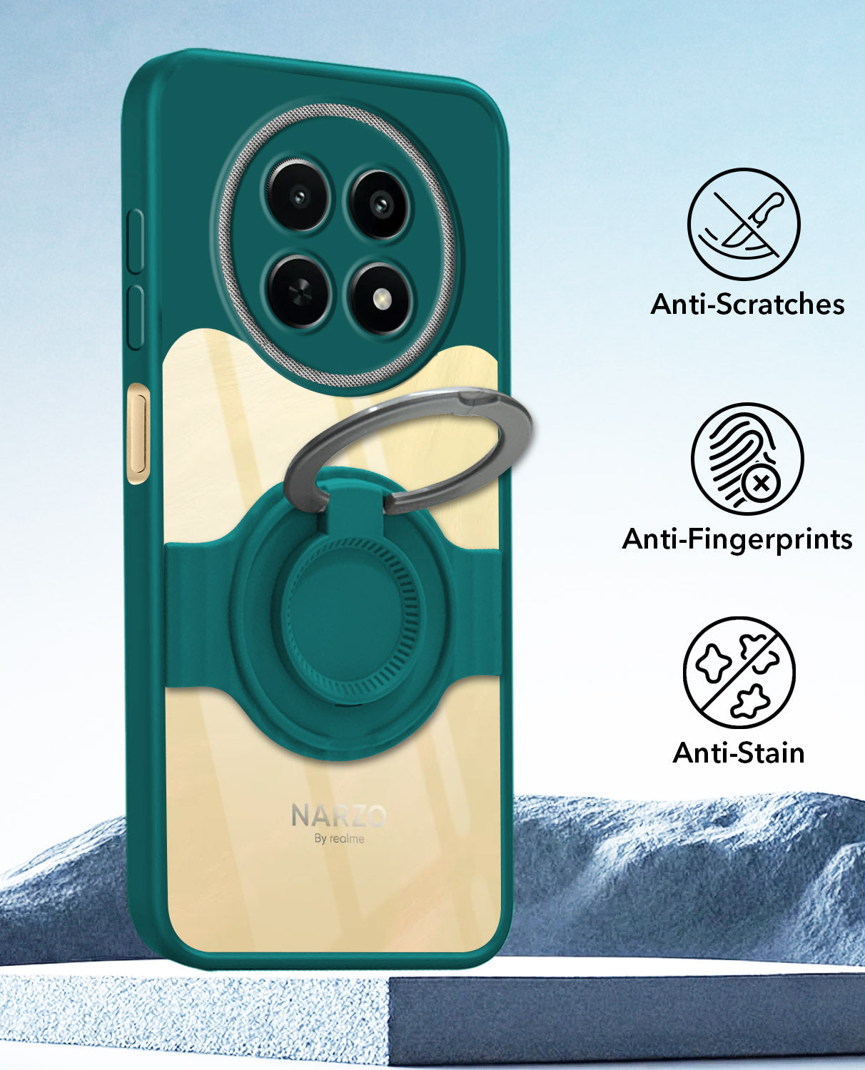 For Realme Narzo N65 5G Back Cover Case with stand (Built-in Ring Holder Kickstand | Lifetime Anti Yellow | Camera Protection)
