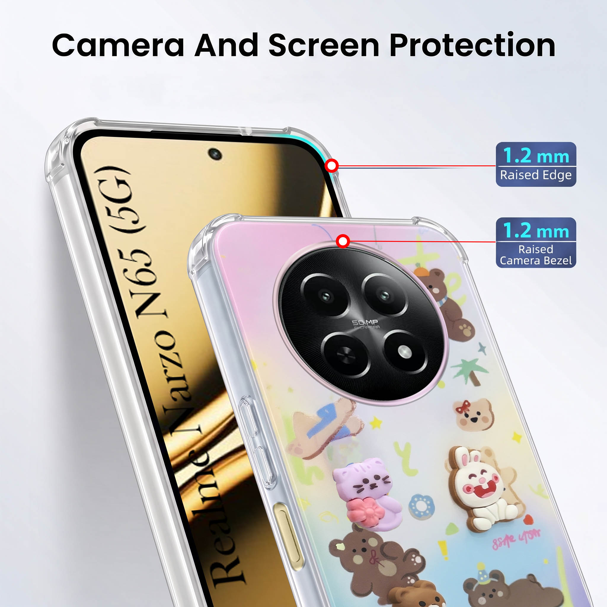 For Realme Narzo N65 5G Back Cover Case (3D Cute Cartoons | Hard Back Side Soft | Matte Premium Finish | HD Printing)