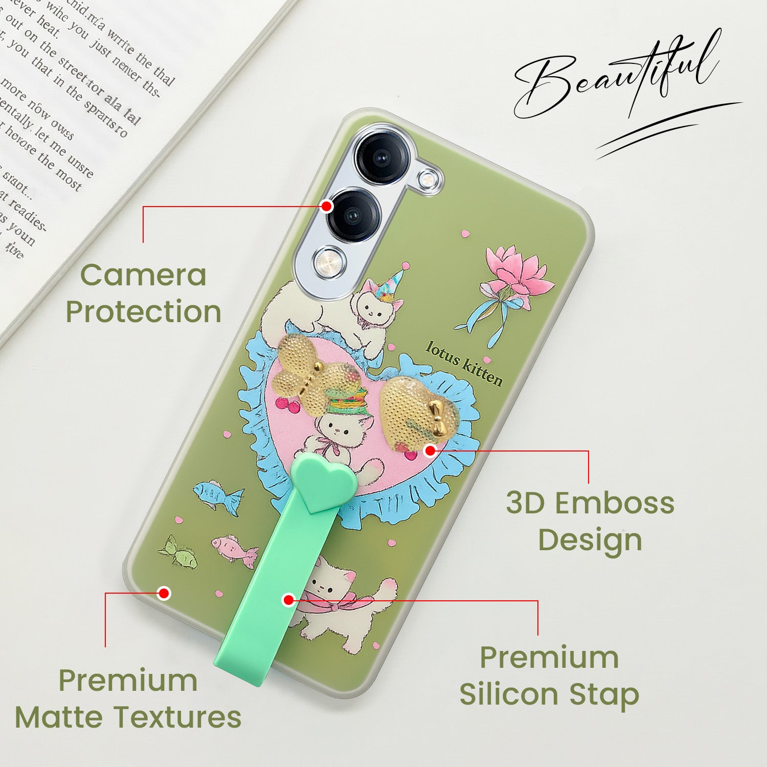 For Vivo iQOO Z10 Lite Back Cover Case (3D Cute Heart Strap Holder | Camera Protection | Designer Girls Print)