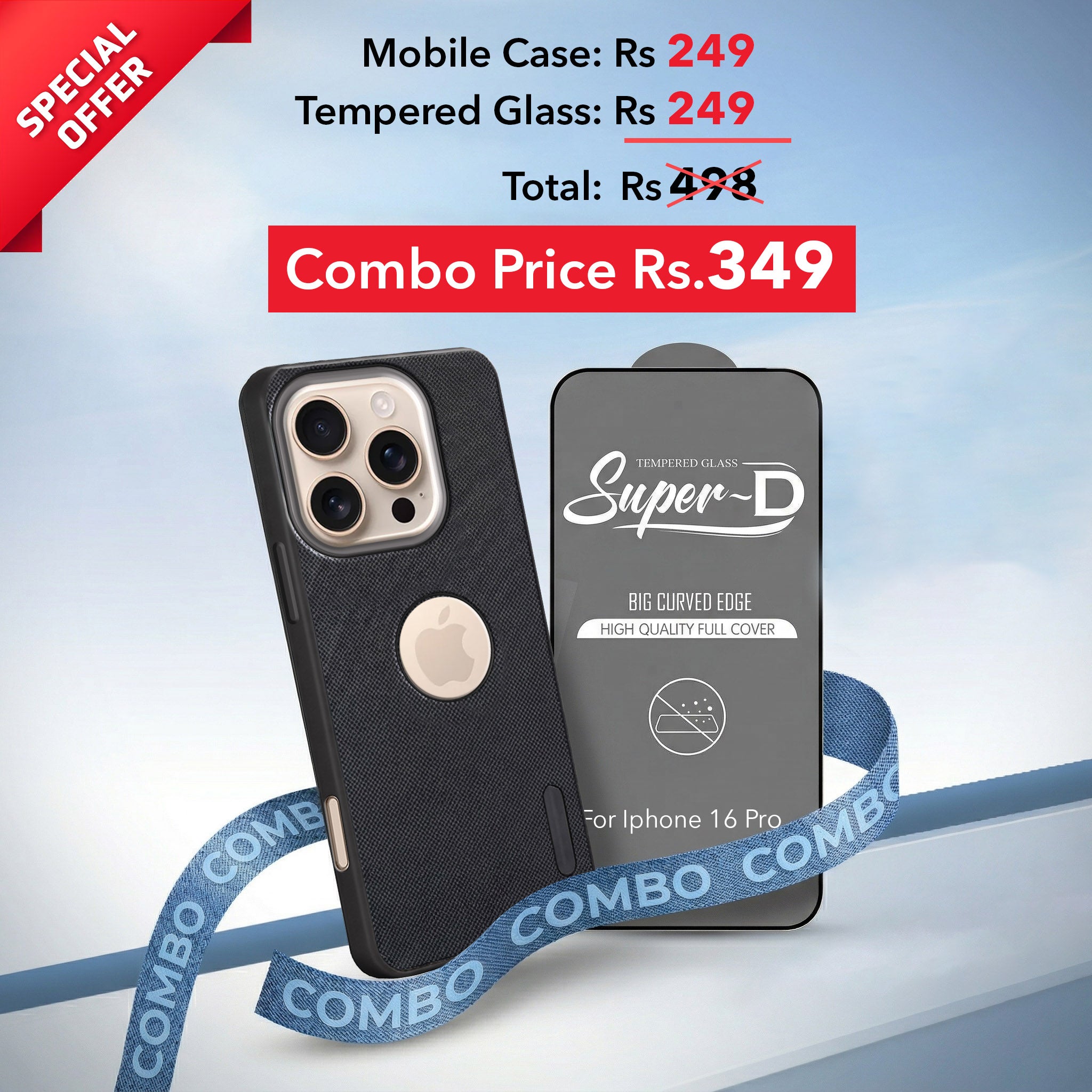 For Apple iPhone 16 Pro Combo with Back Cover and 9H Tempered Glass (Textured Grip Design | Micro-Fiber Cloth Inside | Oleophobic Coating Screen Glass)