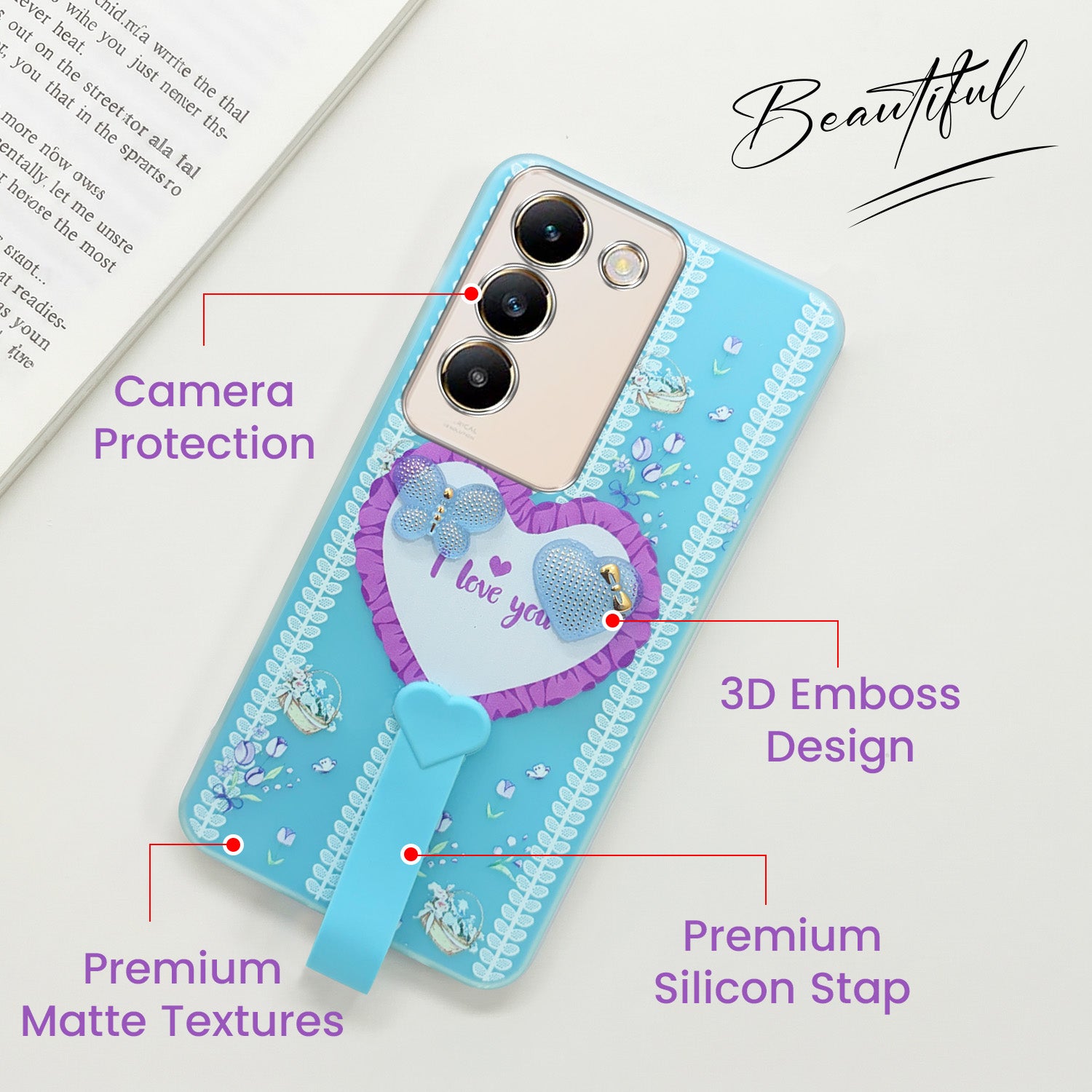 For Vivo Y200e Back Cover Case (3D Cute Heart Strap Holder | Camera Protection | Designer Girls Print)