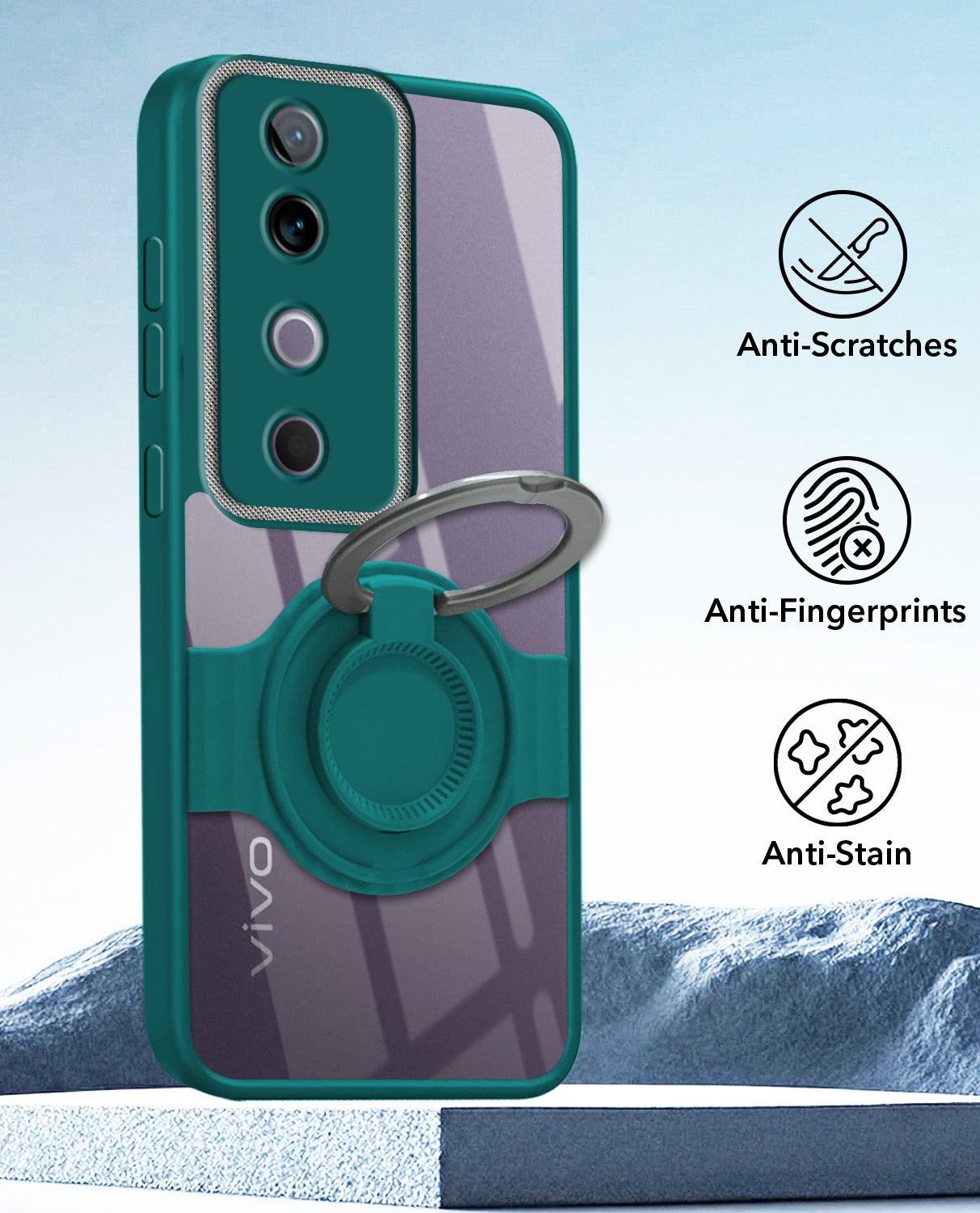 For Vivo V40 | Vivo V40 Pro 5G Back Cover Case with stand (Built-in Ring Holder Kickstand | Lifetime Anti Yellow | Camera Protection)
