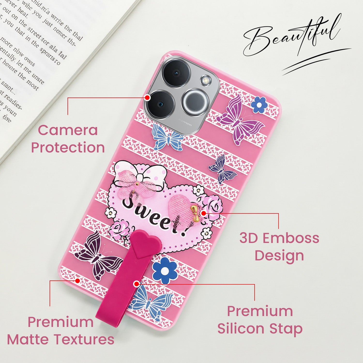For Realme P4 Lite | Realme Narzo 80 Lite 4G Back Cover Case (3D Cute Heart Strap Holder | Camera Protection | Designer Girls Print)