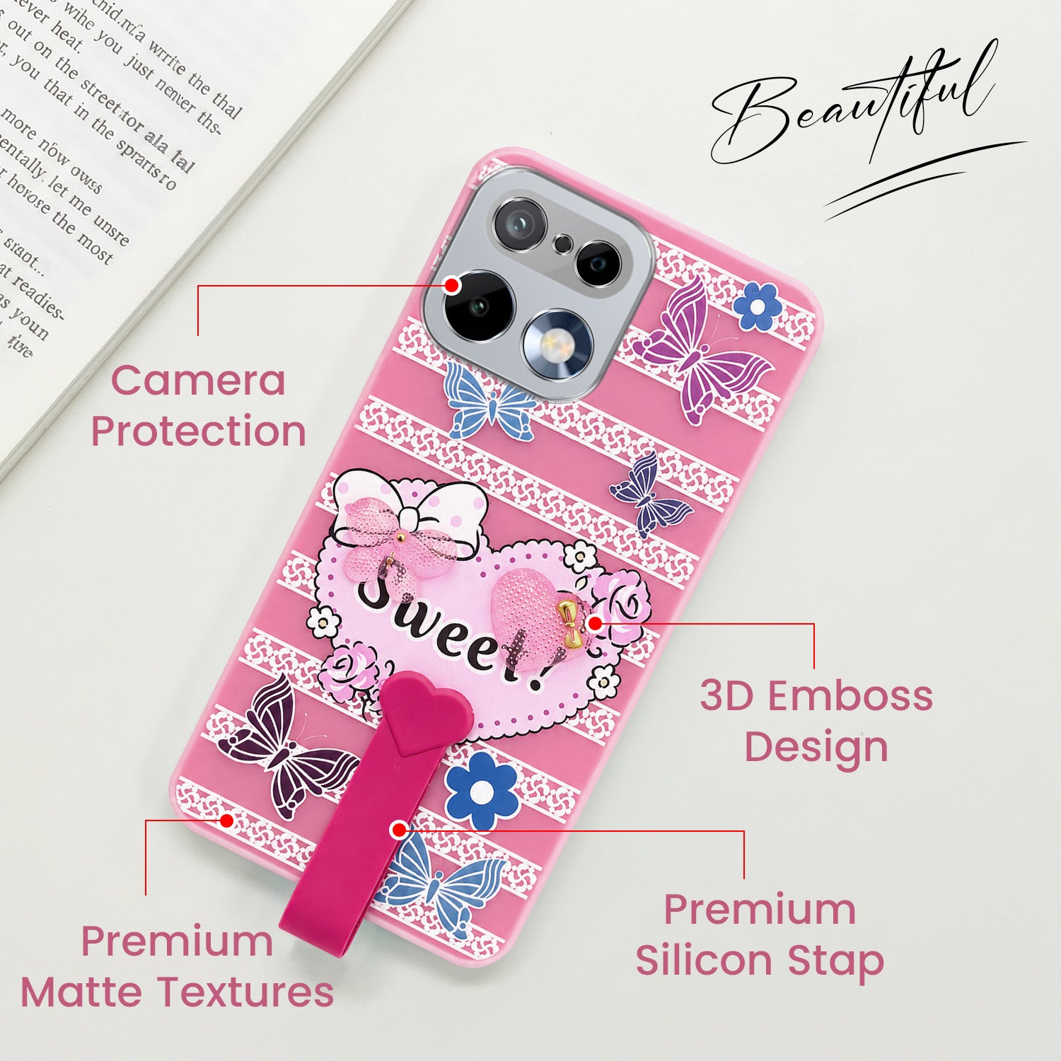 For Realme 16 Pro Back Cover Case (3D Cute Heart Strap Holder | Camera Protection | Designer Girls Print)