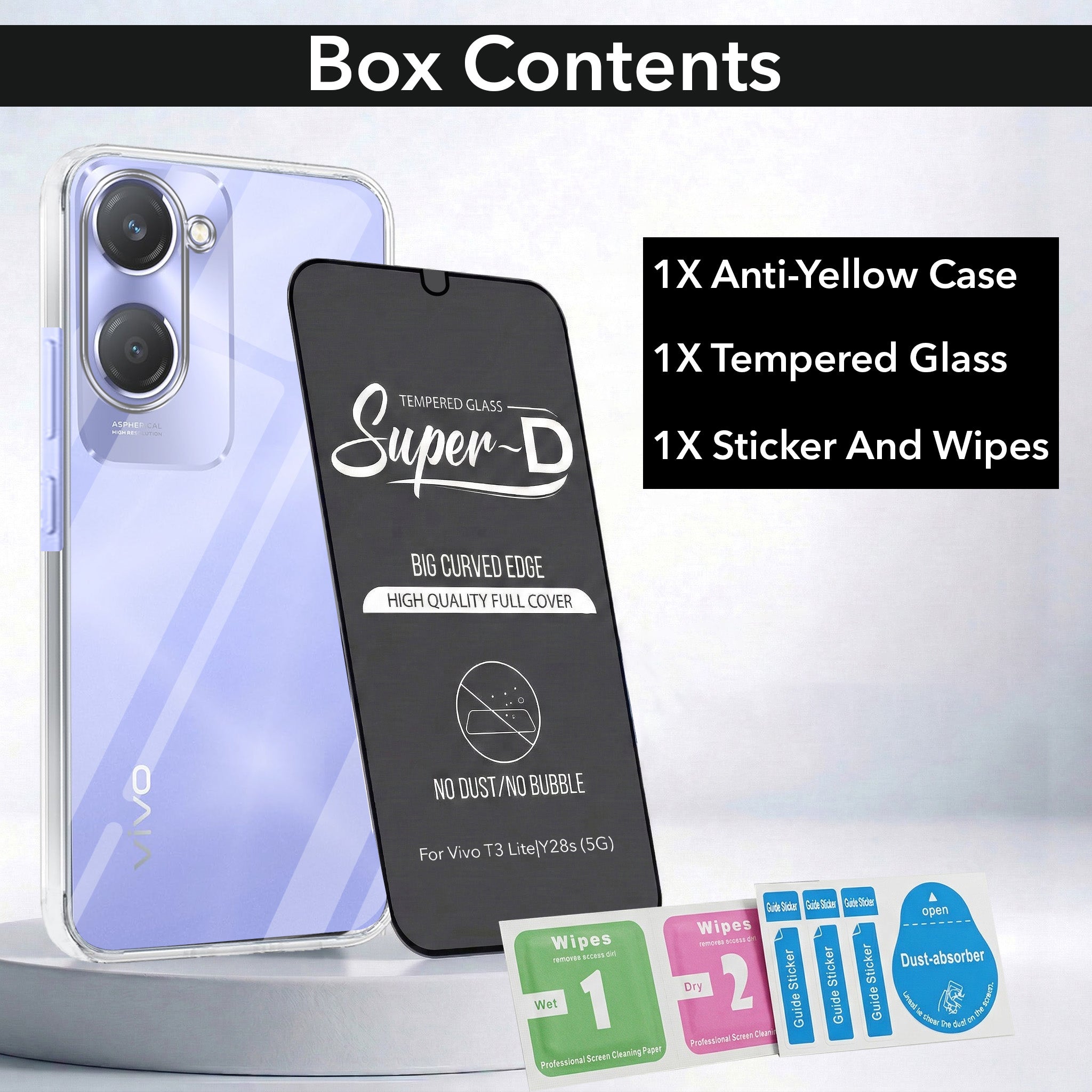 For Vivo Y28s 5G | Vivo T3 Lite 5G Combo with Back Cover and 9H Tempered Glass ( Lifetime Anti-Yellow | Sleek Hard Crystal | Oleophobic Coating Screen Glass)