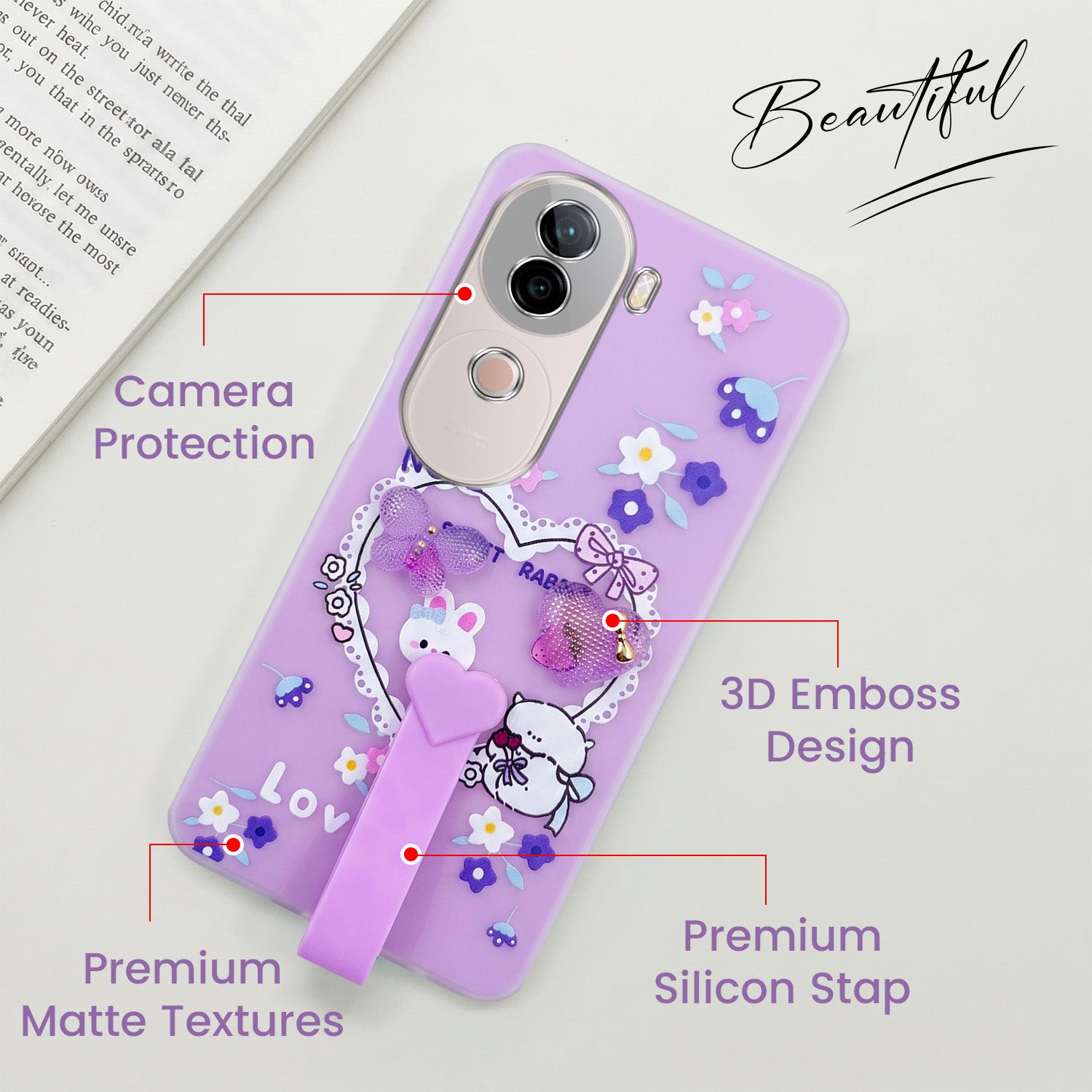 For Vivo V40e Back Cover Case (3D Cute Heart Strap Holder | Camera Protection | Designer Girls Print)