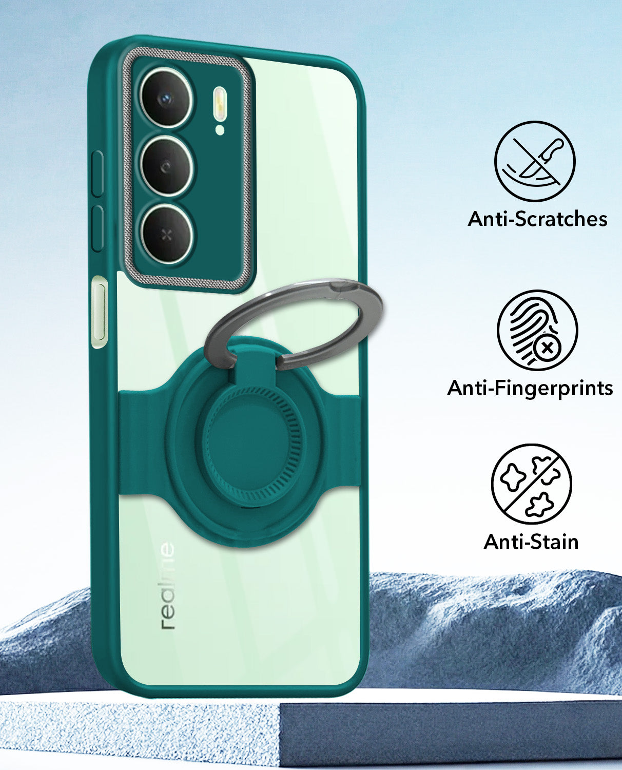 For Realme C73 Back Cover Case with stand (Built-in Ring Holder Kickstand | Lifetime Anti Yellow | Camera Protection)