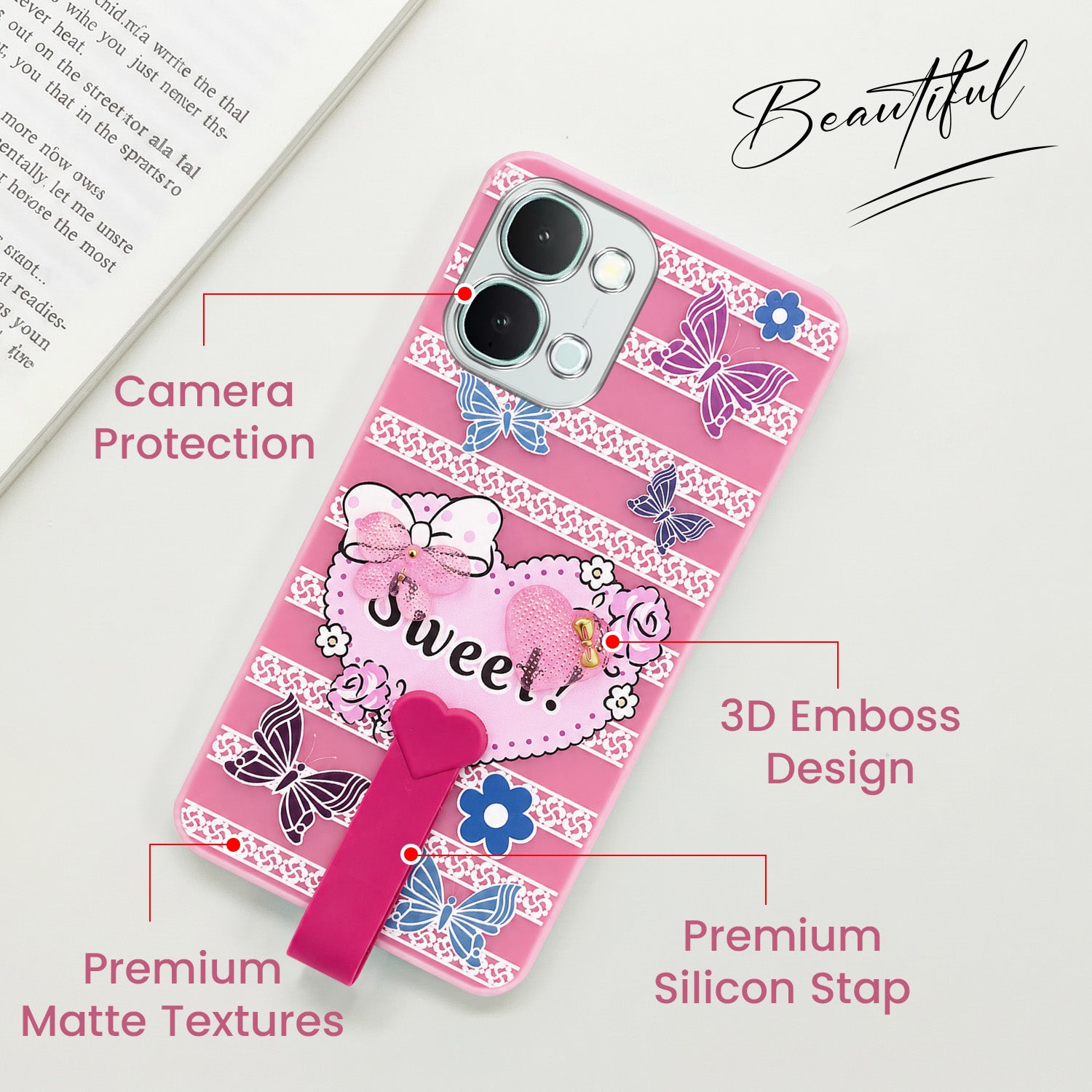 For iQOO Z11x 5G Back Cover Case (3D Cute Heart Strap Holder | Camera Protection | Designer Girls Print)