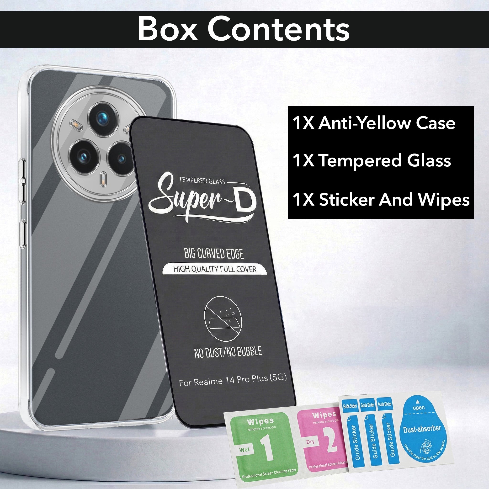 For Realme 14 Pro Plus 5G Combo with Back Cover and 9H Tempered Glass (Lifetime Anti-Yellow | Sleek Hard Crystal | Oleophobic Coating Screen Glass)