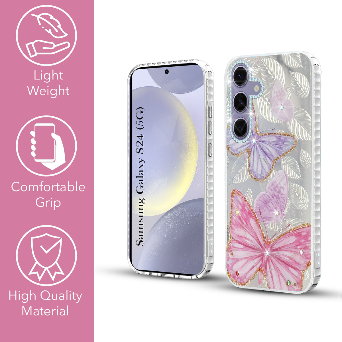 For Samsung Galaxy S24 Back Cover Case (Luxury Floral Glitter Cute Butterfly | Diamond Studded Camera Bump | Girls & Women Design)