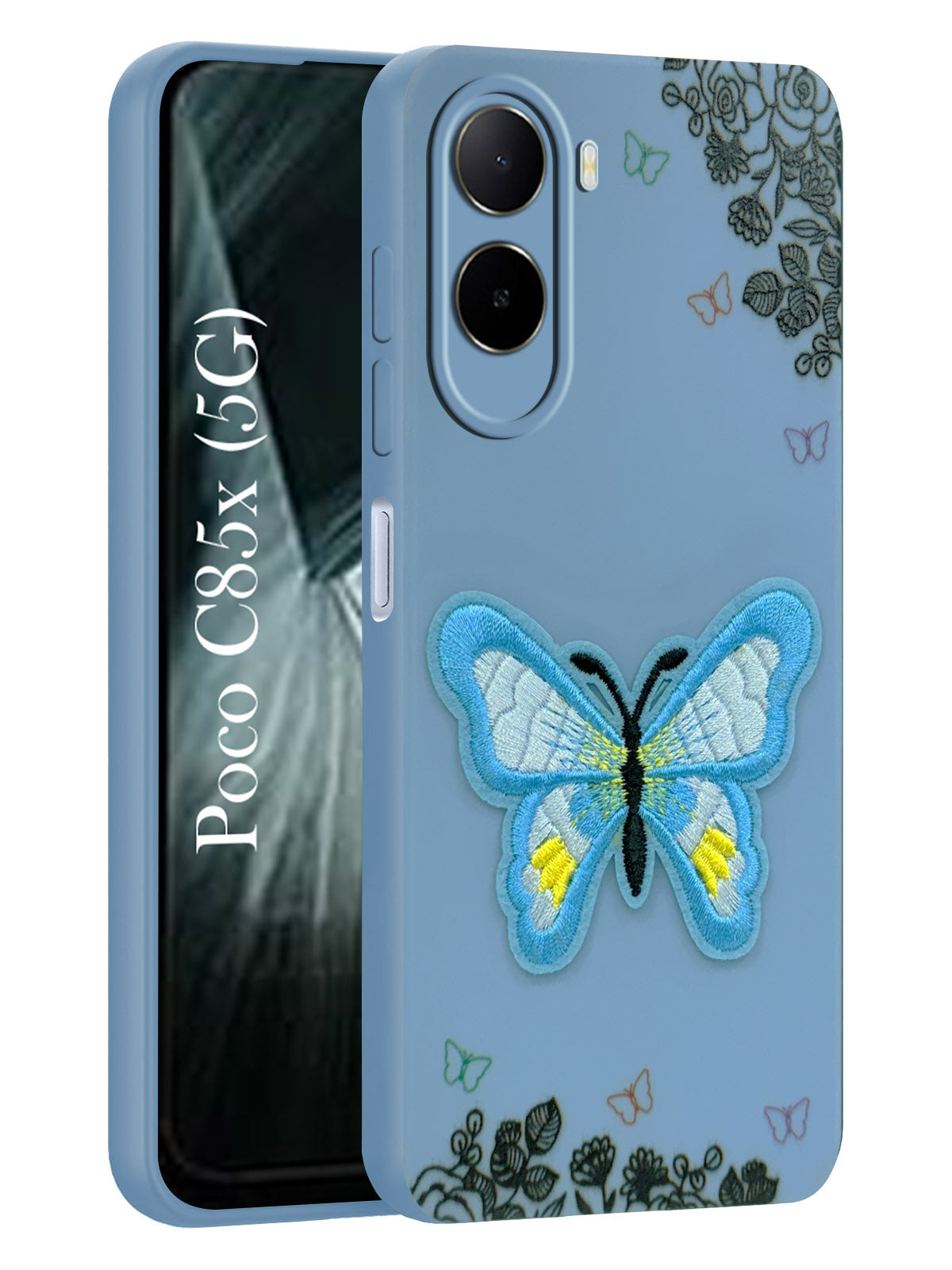 For Poco C85x 5G Back Cover Case (Soft Butterfly Embroidery | Women Teen Girls | Camera Protection| Matte Silicone)