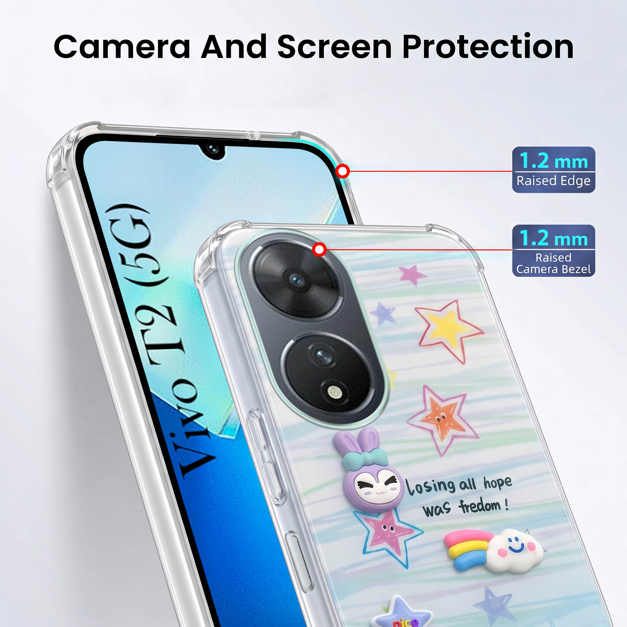 For Vivo T2 Back Cover Case (3D Cute Cartoons | Hard Back Side Soft | Matte Premium Finish | HD Printing)