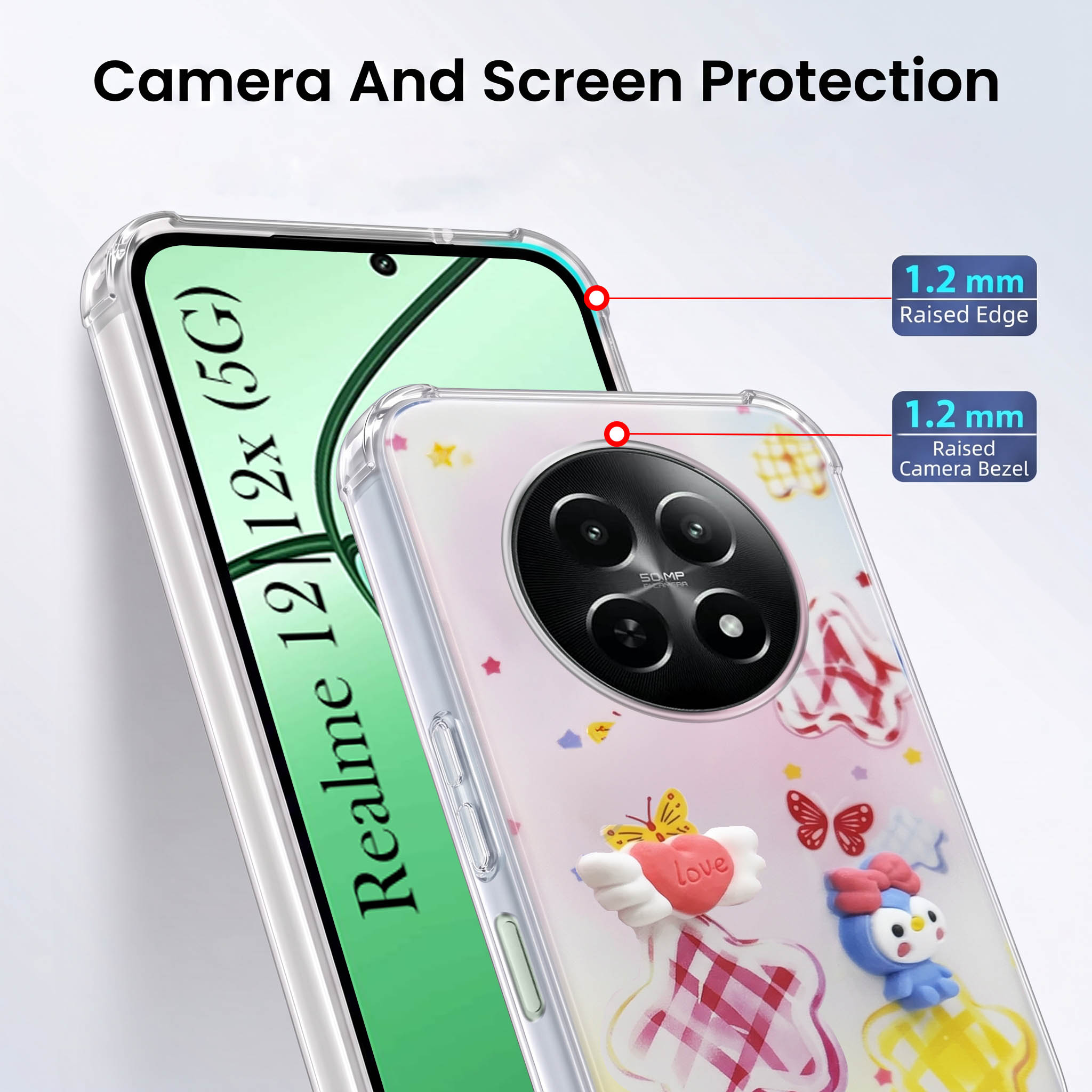 For Realme 12 | Realme 12X Back Cover Case (3D Cute Cartoons | Hard Back Side Soft | Matte Premium Finish | HD Printing)