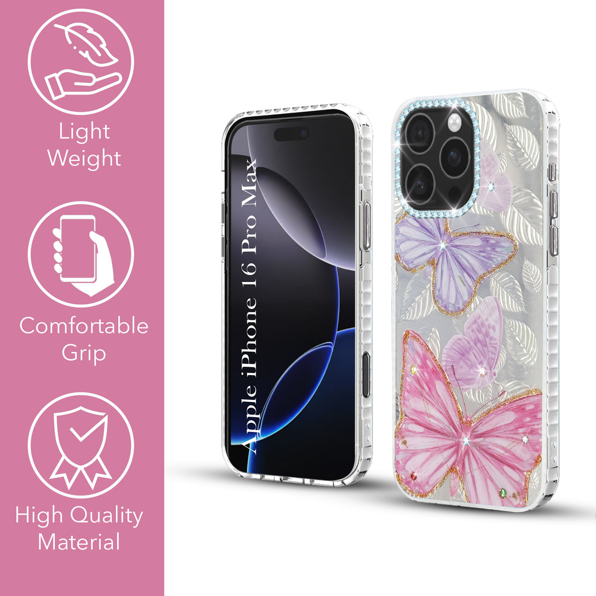 For iPhone 16 Pro Max Back Cover Case (Luxury Floral Glitter Cute Butterfly | Diamond Studded Camera Bump | Girls & Women Design)