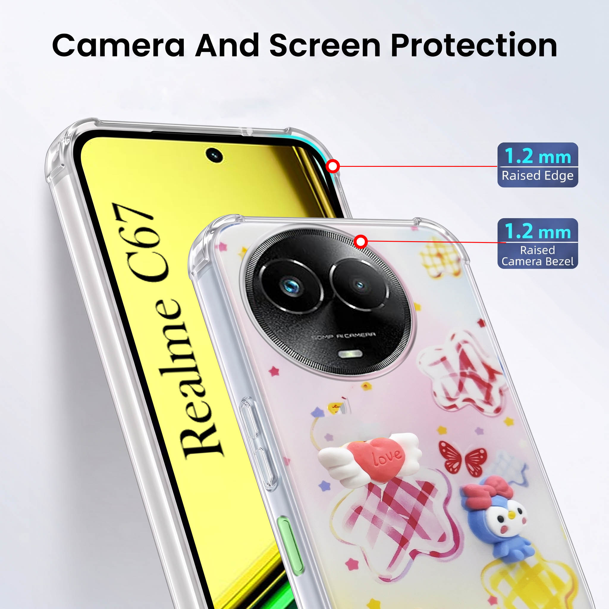 For Realme C67 Back Cover Case (3D Cute Cartoons | Hard Back Side Soft | Matte Premium Finish | HD Printing)