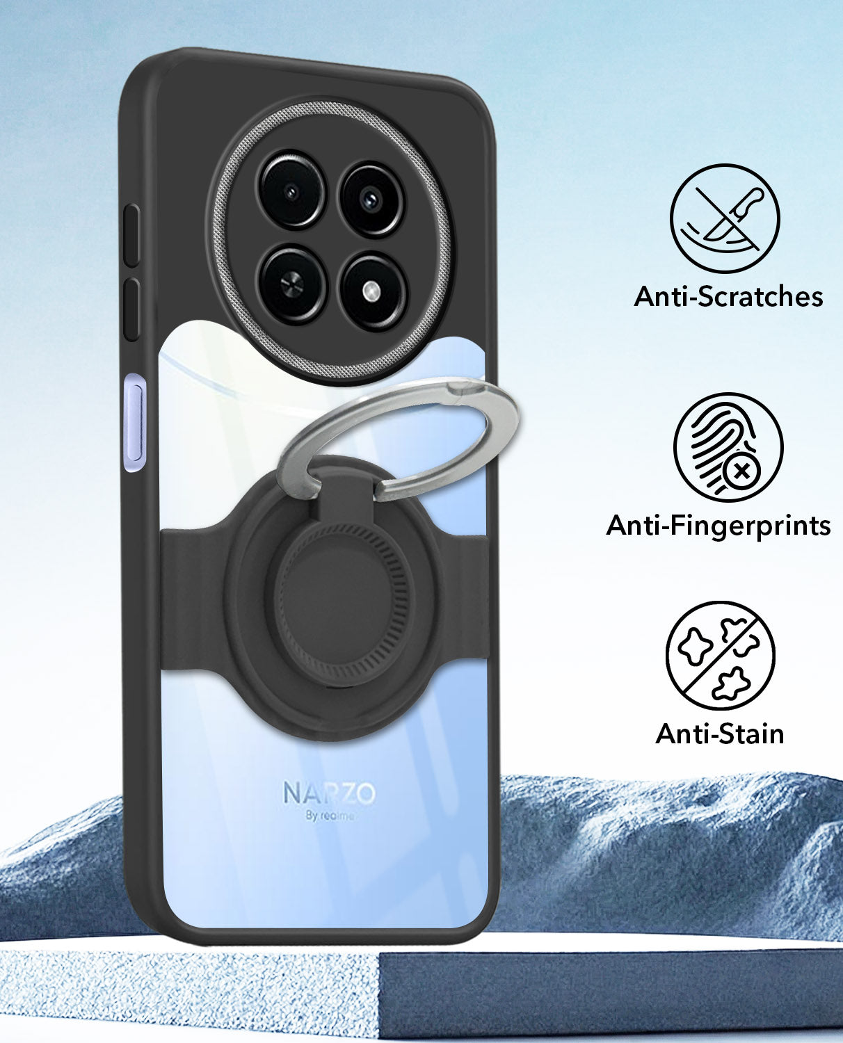 For Realme Narzo 70x 5G Back Cover Case with stand (Built-in Ring Holder Kickstand | Lifetime Anti Yellow | Camera Protection)
