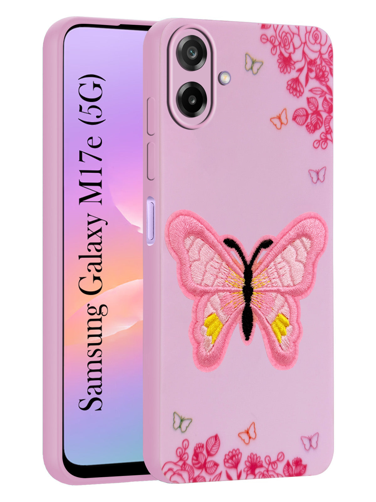 For Samsung Galaxy M17e Back Cover Case (Soft Butterfly Embroidery | Women Teen Girls | Camera Protection| Matte Silicone)