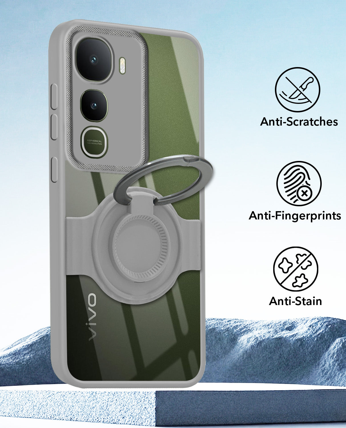 For Vivo Y400 Back Cover Case with stand (Built-in Ring Holder Kickstand | Lifetime Anti Yellow | Camera Protection)
