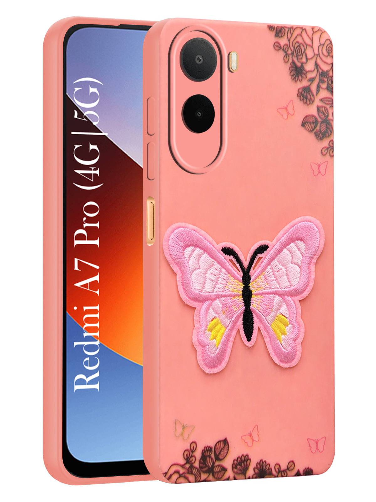 For Redmi A7 Pro 5G Back Cover Case (Soft Butterfly Embroidery | Women Teen Girls | Camera Protection| Matte Silicone)