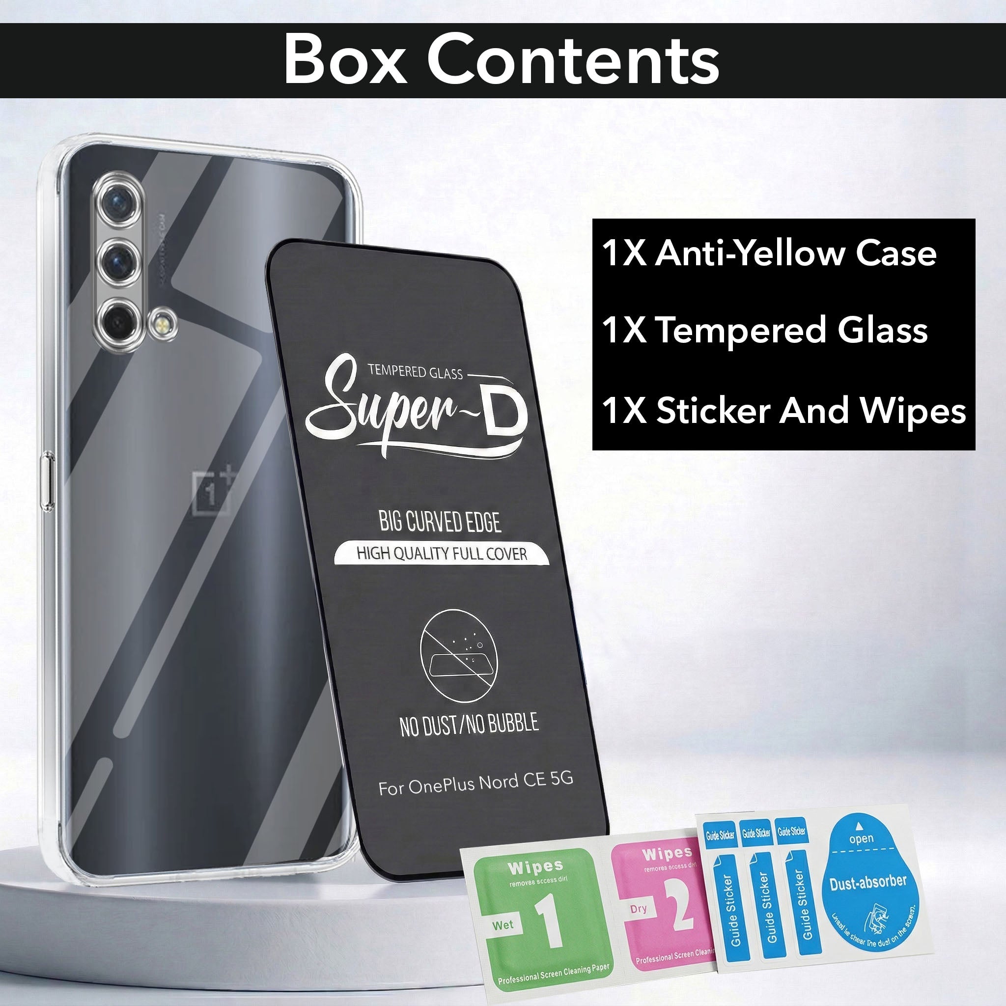 For OnePlus Nord CE 5G Combo with Back Cover and 9H Tempered Glass (Lifetime Anti-Yellow | Sleek Hard Crystal | Oleophobic Coating Screen Glass)