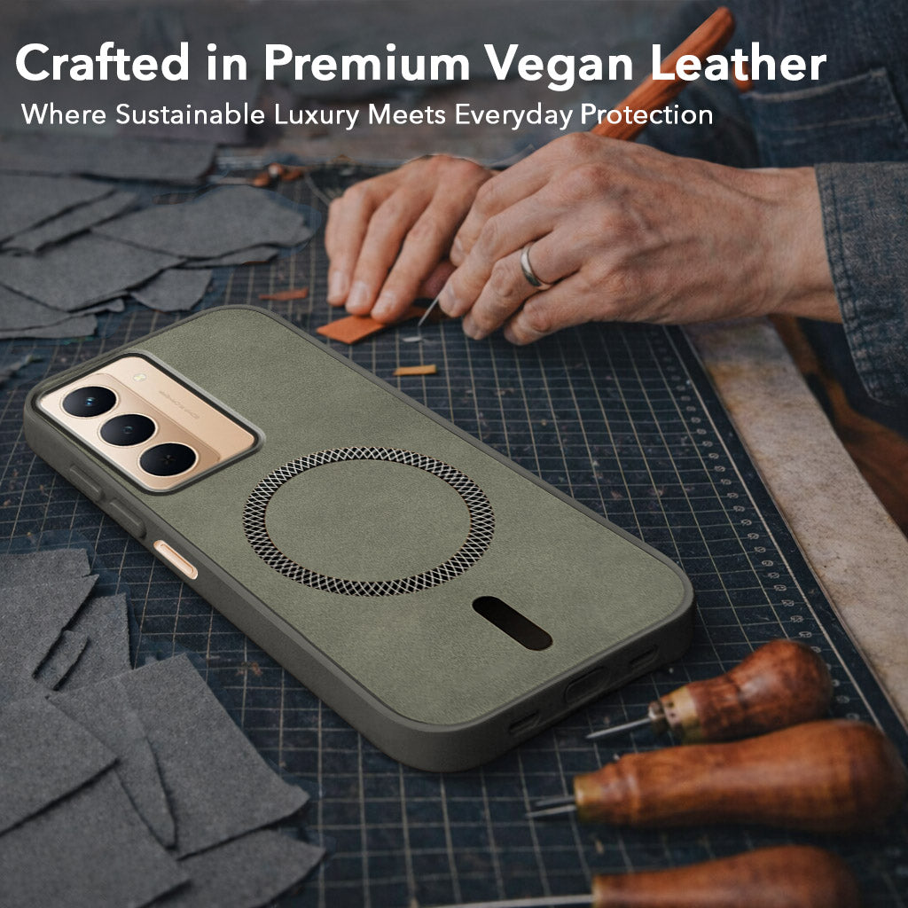 For Realme P3x Back Cover Case Leather Finish (MagSafe Compatible Wireless Charging | Soft Touch | Camera Bump Protection)